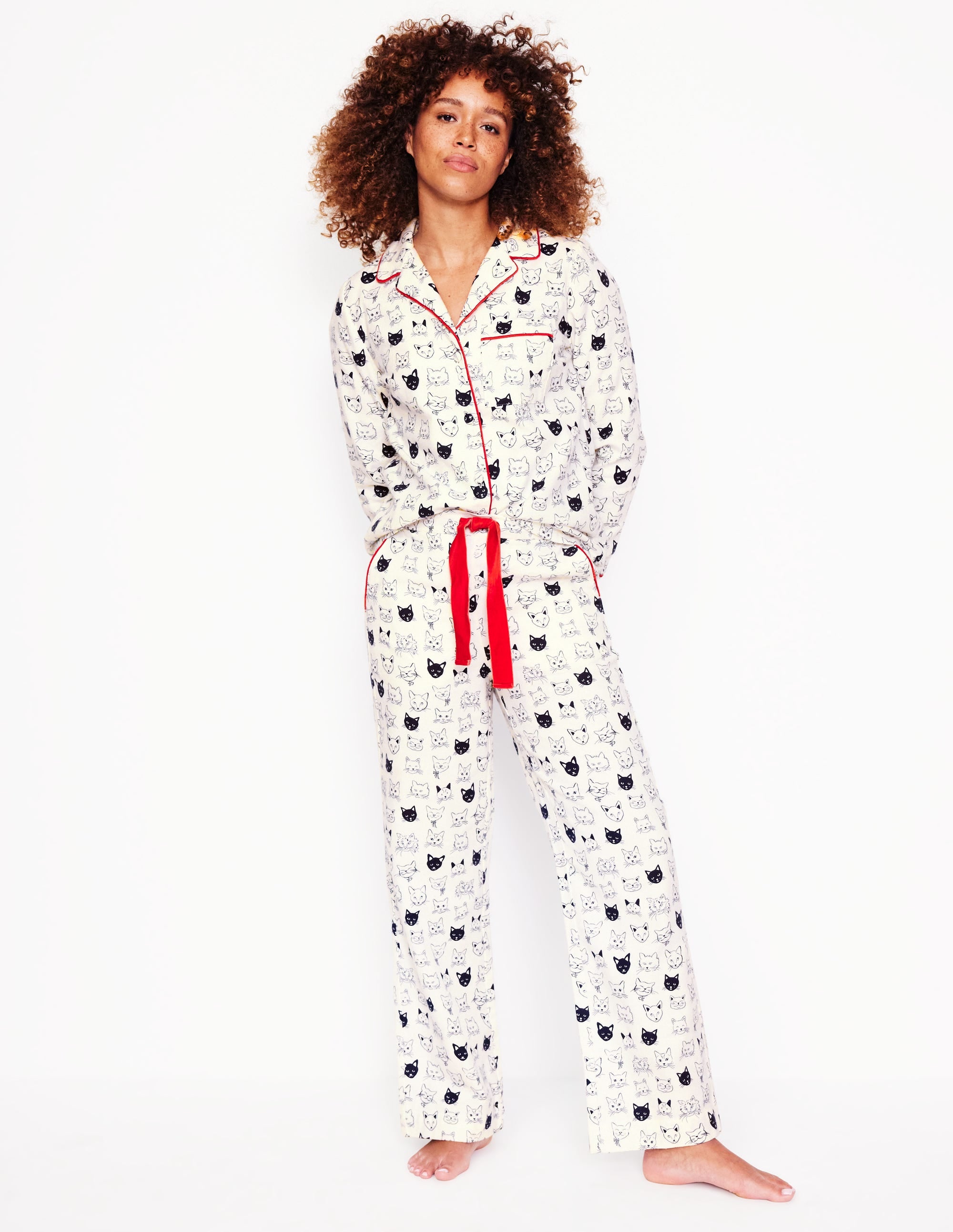 Brushed Cotton Pyjama Trousers-Ivory, Cats - Image 1