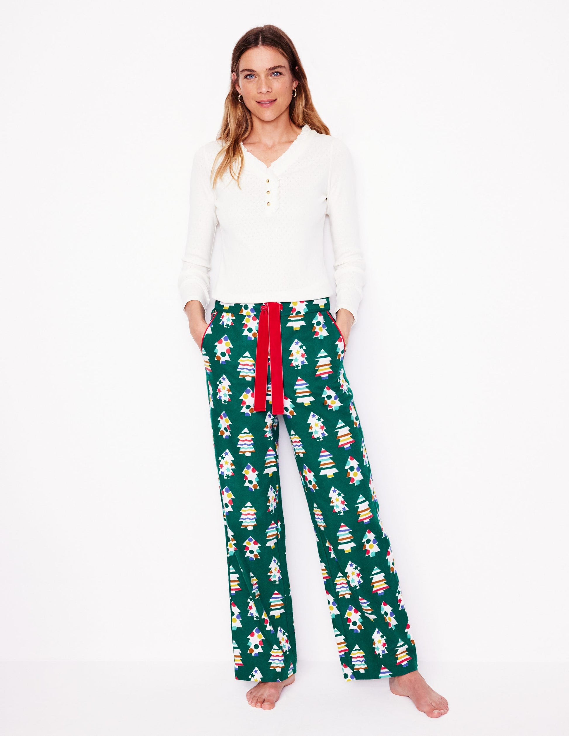 Brushed Cotton Pyjama Trousers-Malachite, Christmas Trees-1
