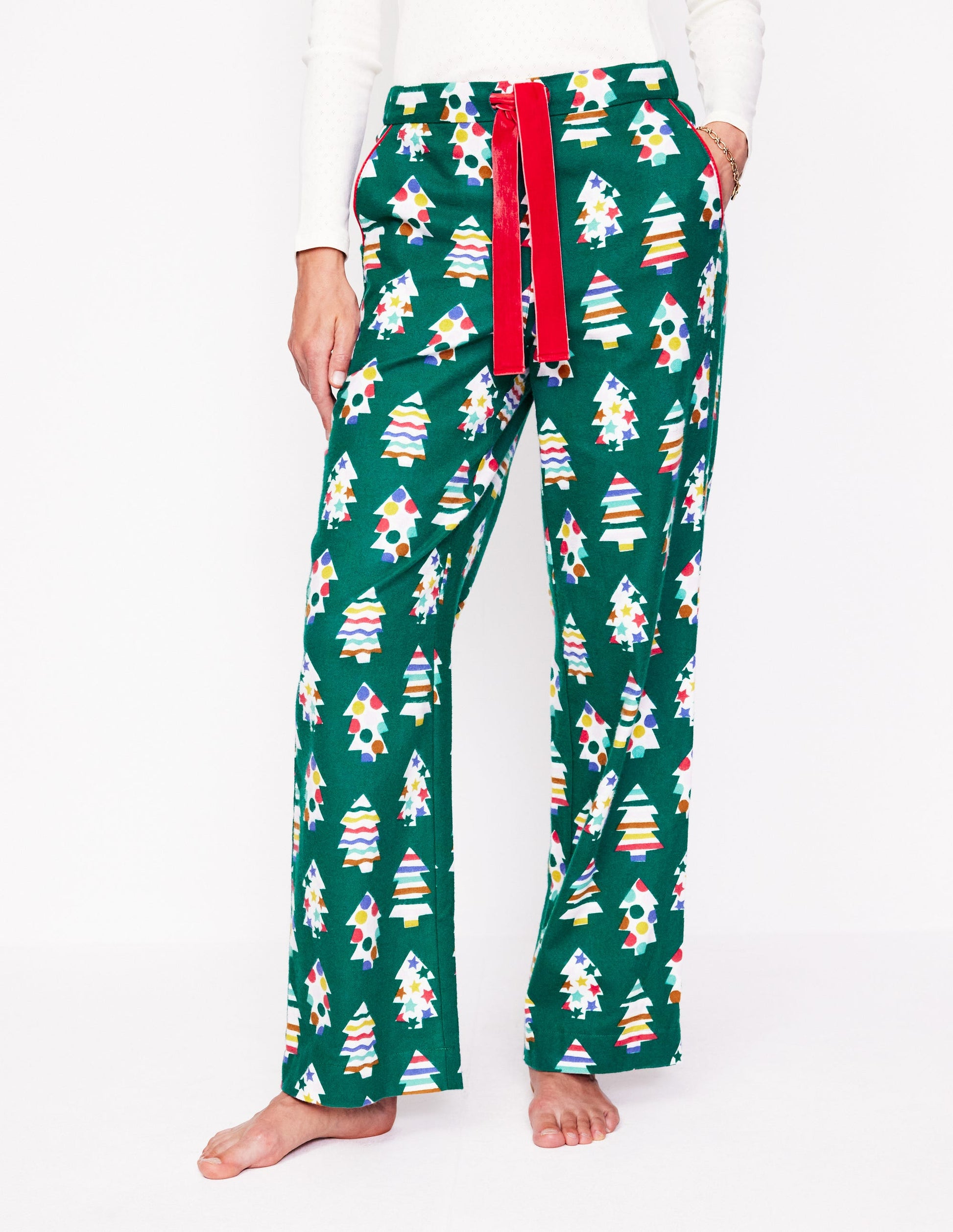 Brushed Cotton Pyjama Trousers-Malachite, Christmas Trees-4