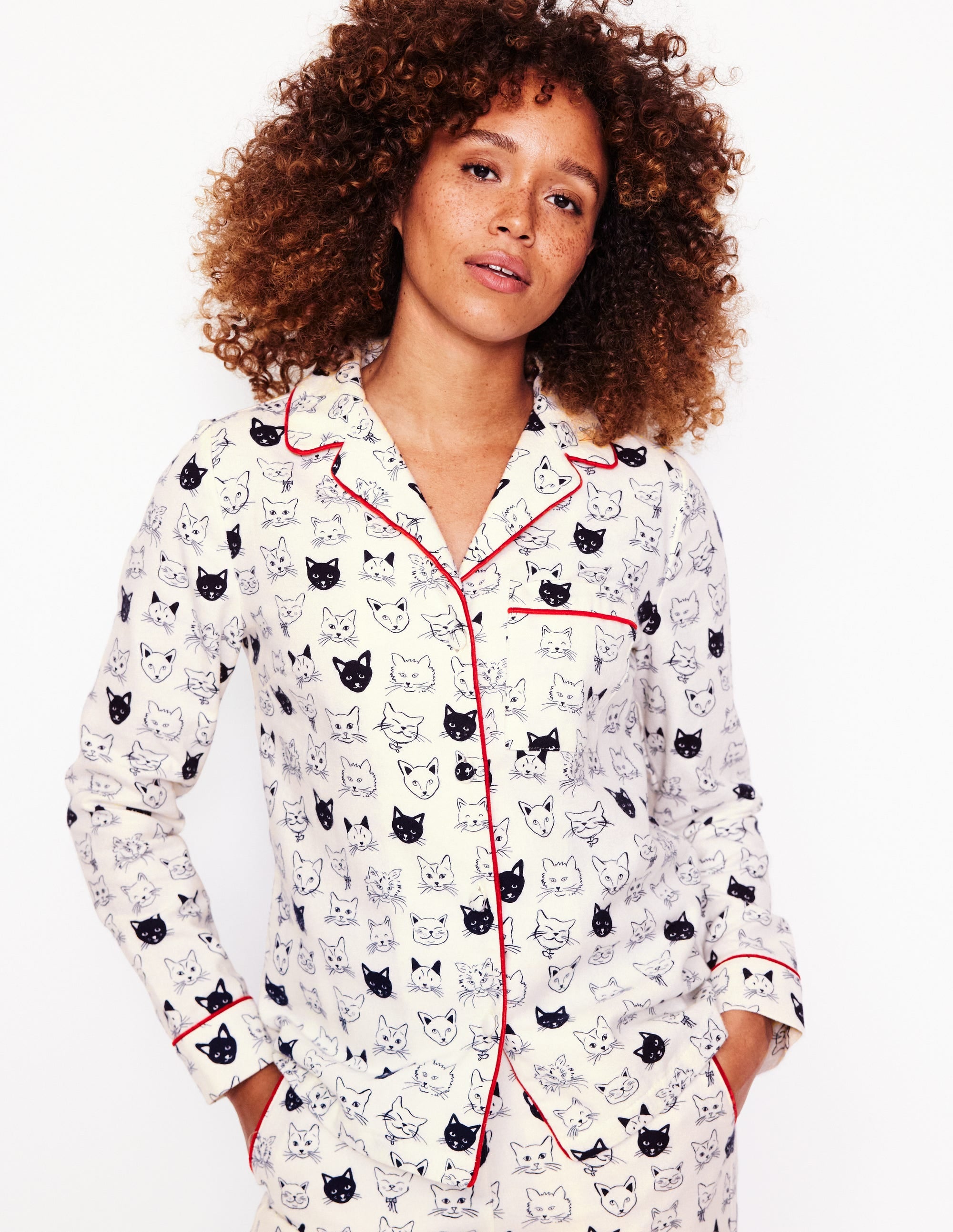 Brushed Cotton Pyjama Shirt-Ivory, Cats - Image 1