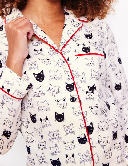 Brushed Cotton Pyjama Shirt-Ivory, Cats-2
