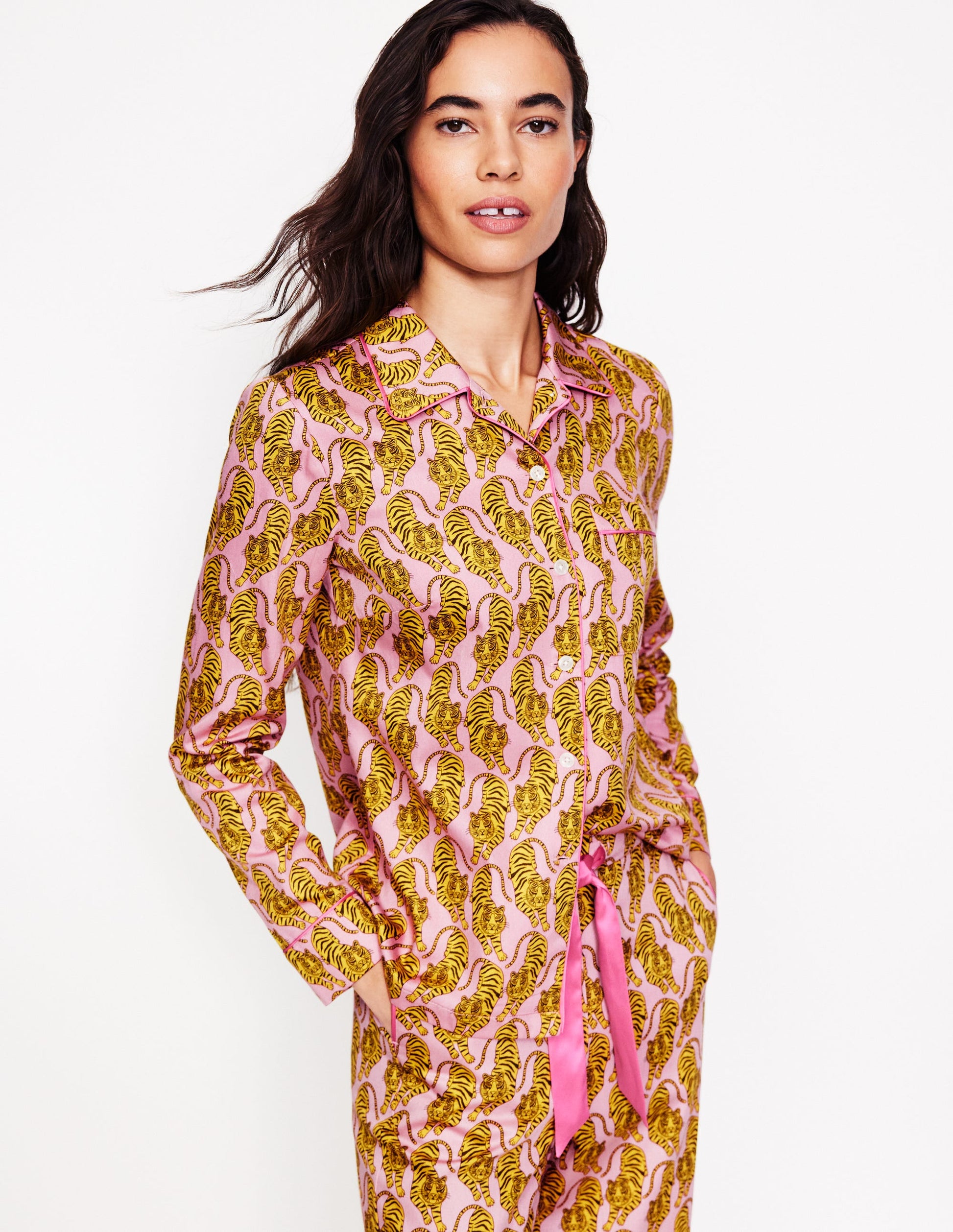 Cotton Sateen Pyjama Shirt-Ceylon Yellow, Tiger-4