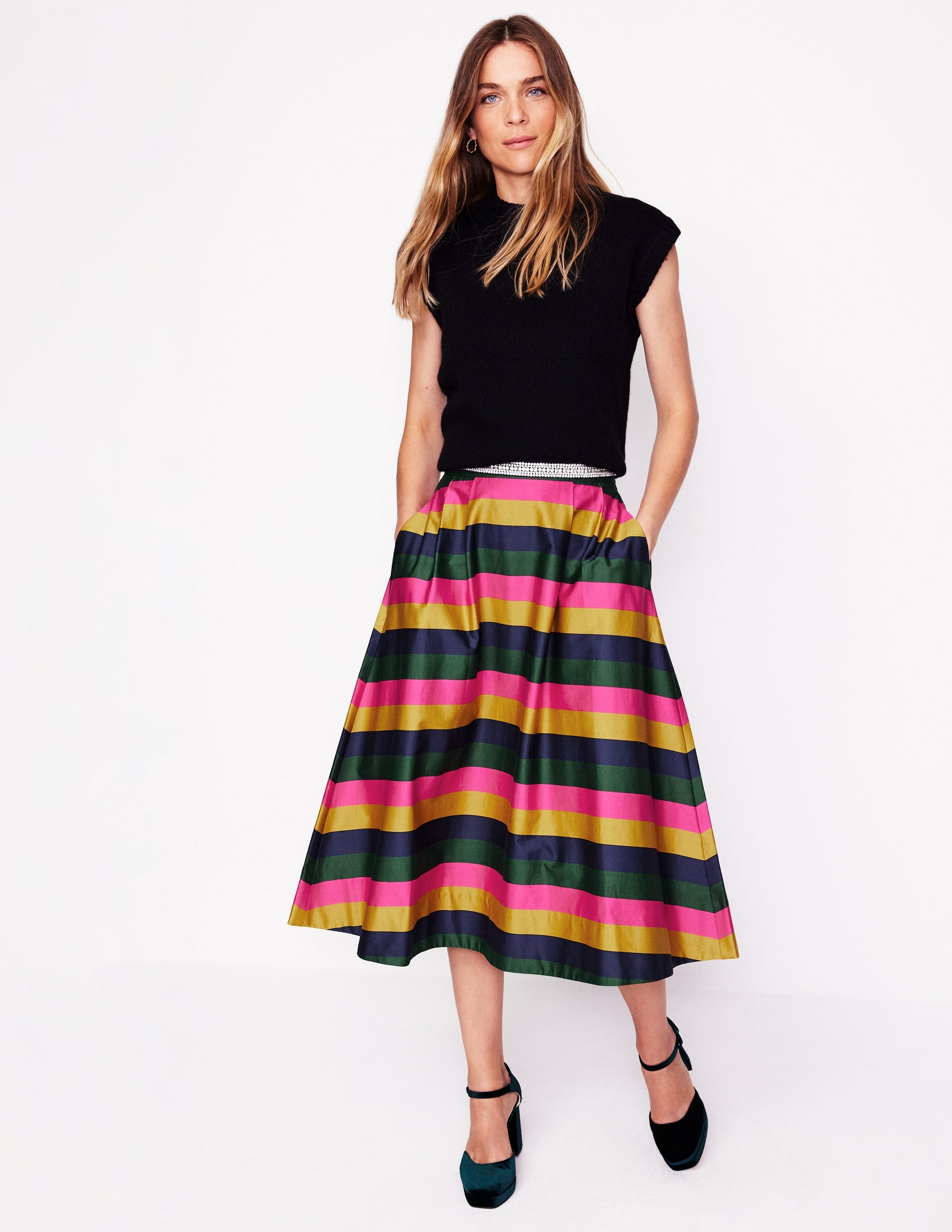 Isabella Cotton Sateen Skirt-Pine, Multi Stripe-1