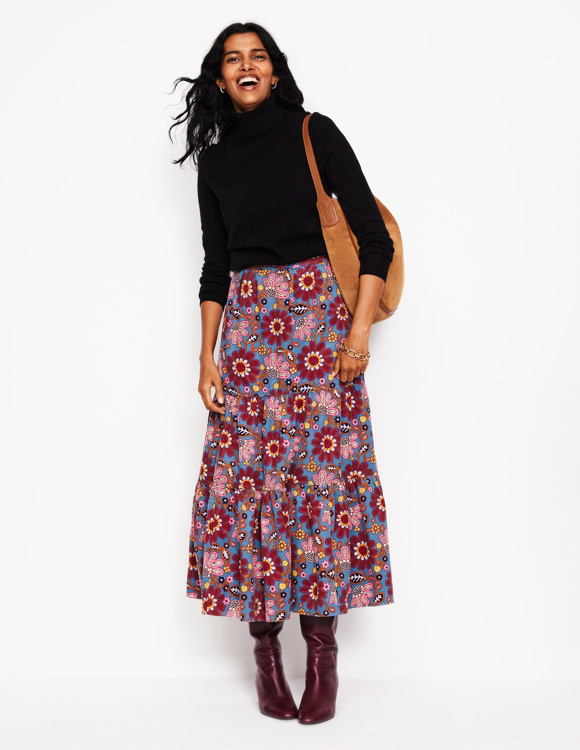 Viv Cord Tiered Maxi Skirt-French Navy, Cosmic Meadow - Image 1