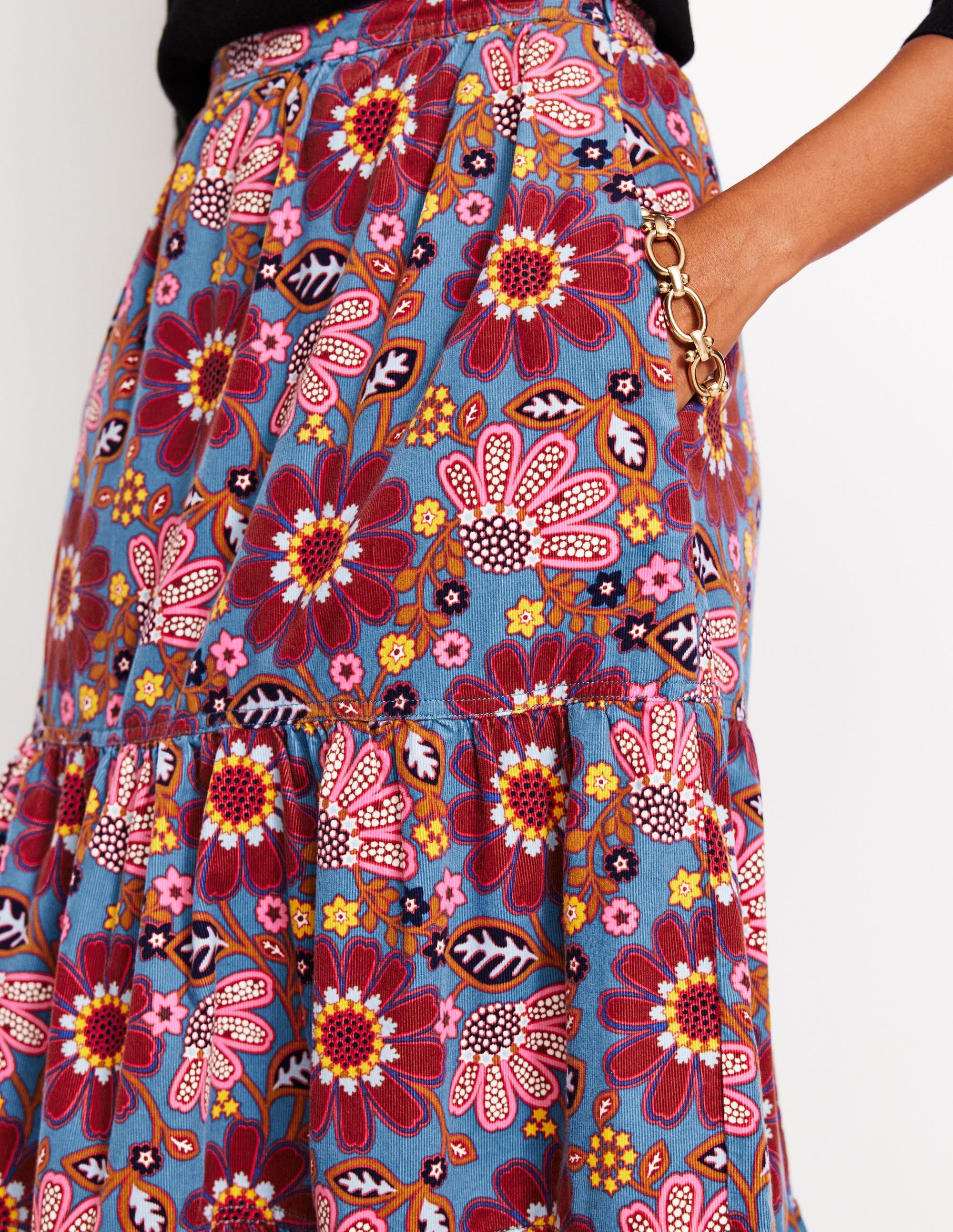 Viv Cord Tiered Maxi Skirt-French Navy, Cosmic Meadow - Image 2