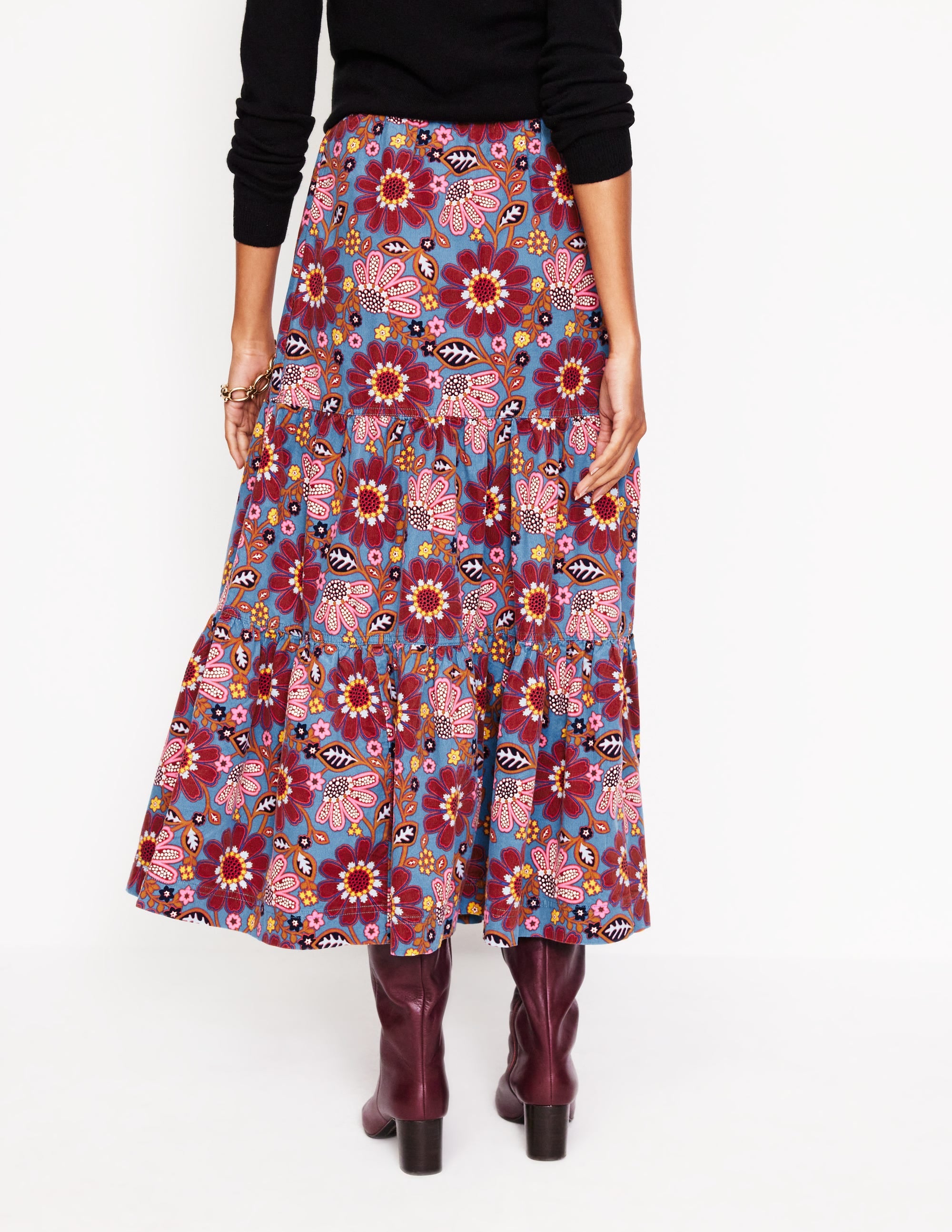 Viv Cord Tiered Maxi Skirt-French Navy, Cosmic Meadow - Image 3