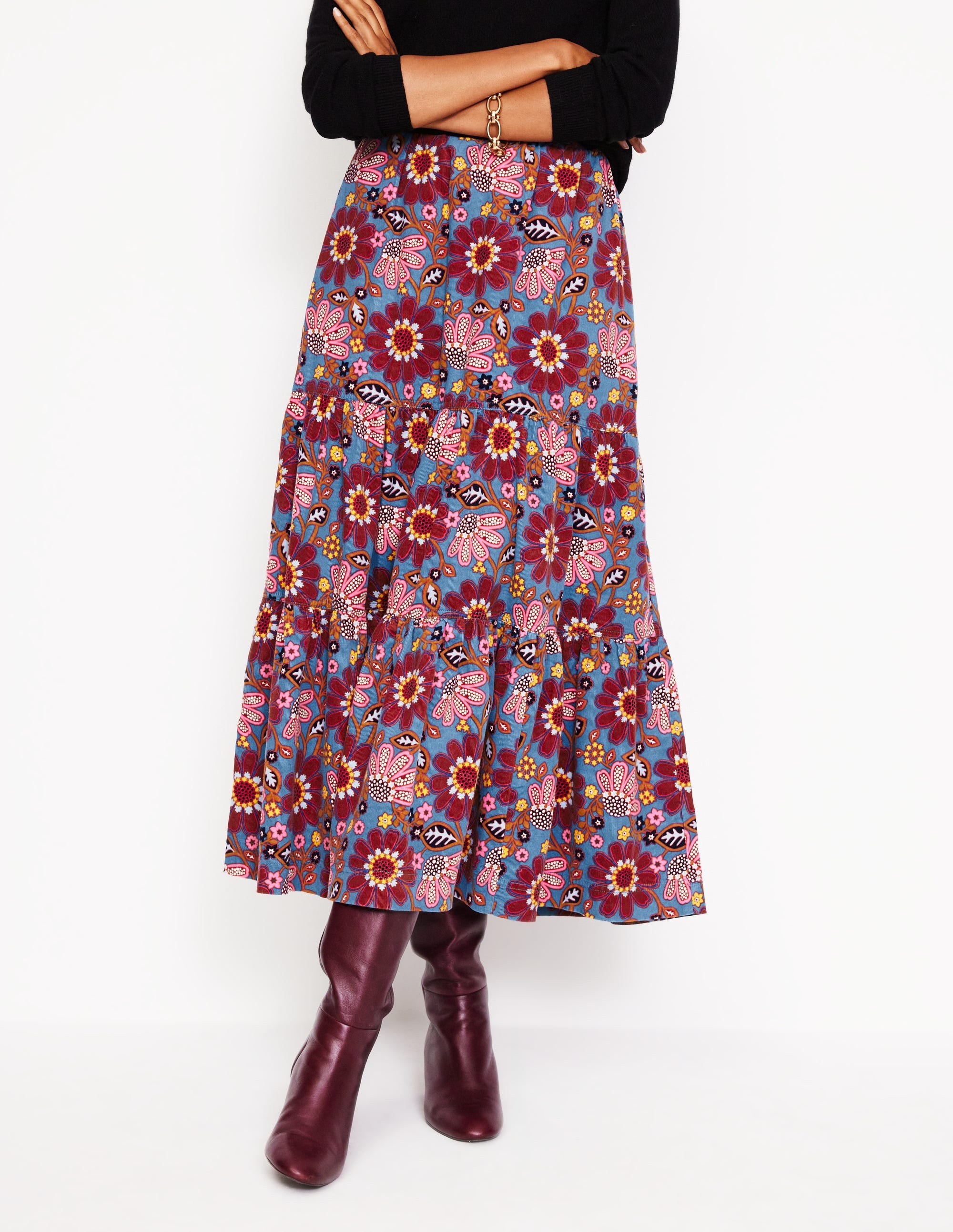 Viv Cord Tiered Maxi Skirt-French Navy, Cosmic Meadow - Image 4