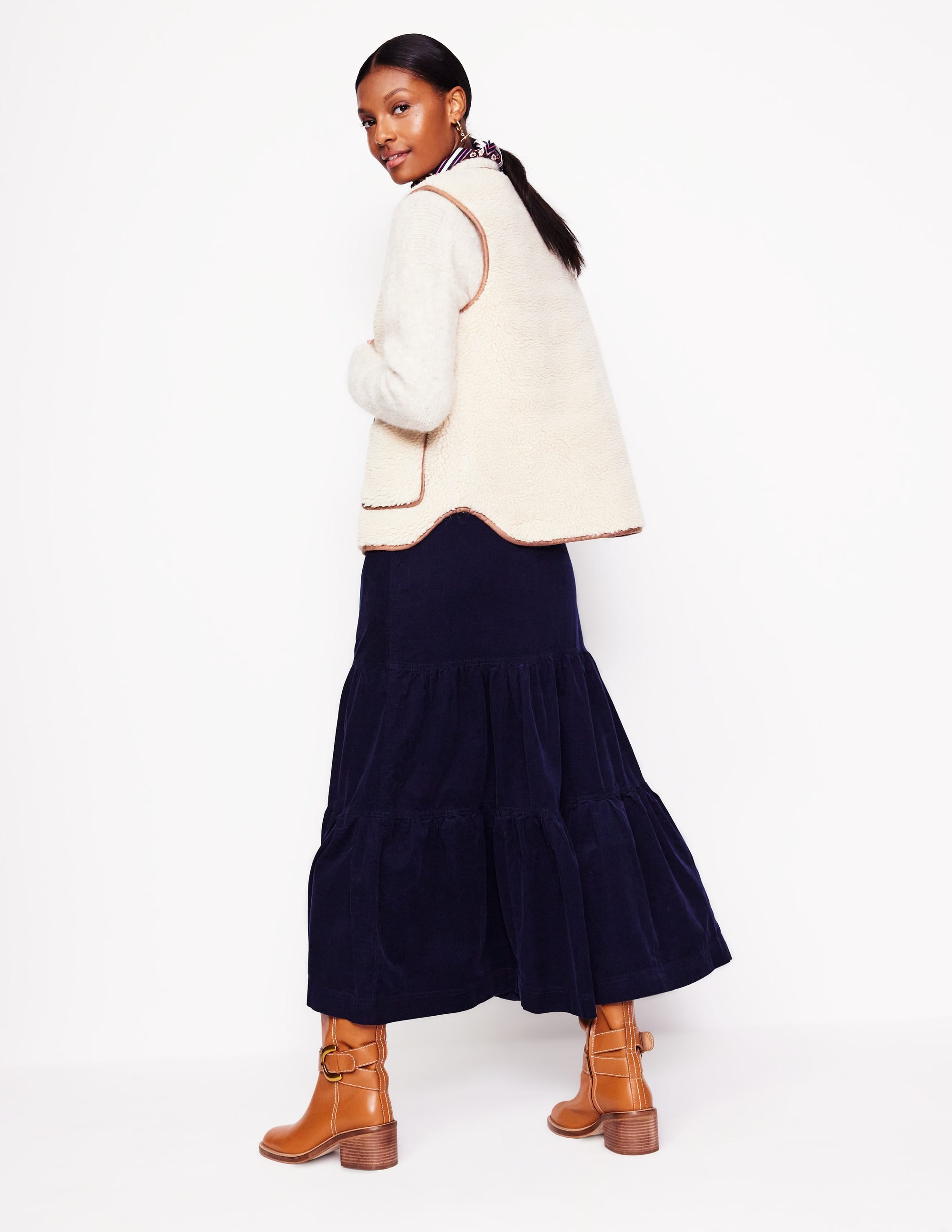Viv Cord Tiered Maxi Skirt-Navy - Image 1