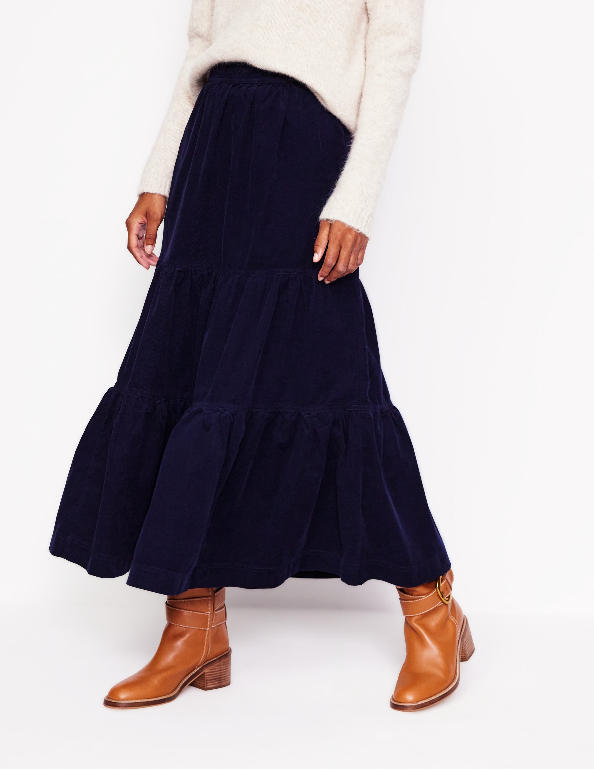 Viv Cord Tiered Maxi Skirt-Navy - Image 4
