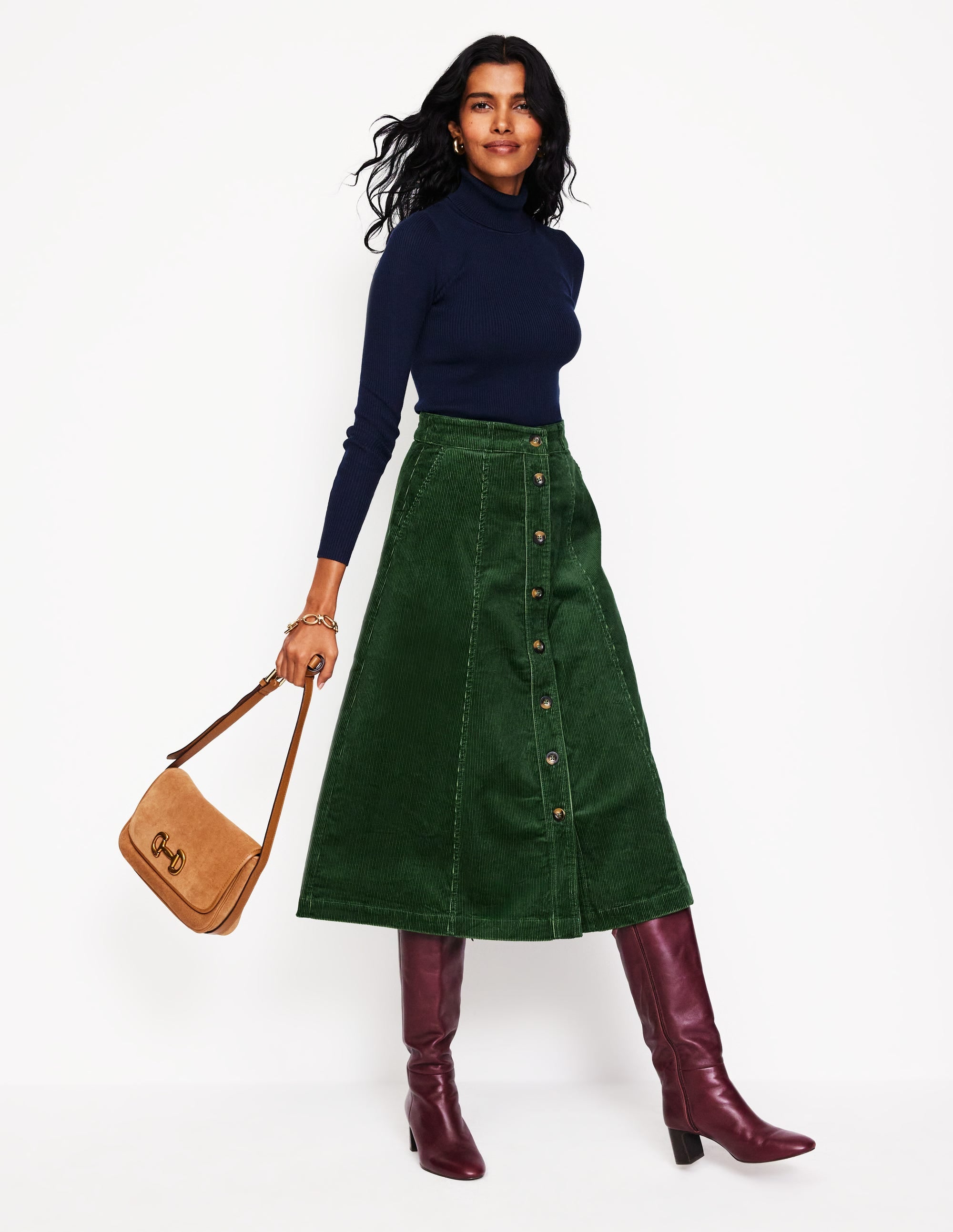 Petra Cord Midi Skirt-Winter Green - Image 1