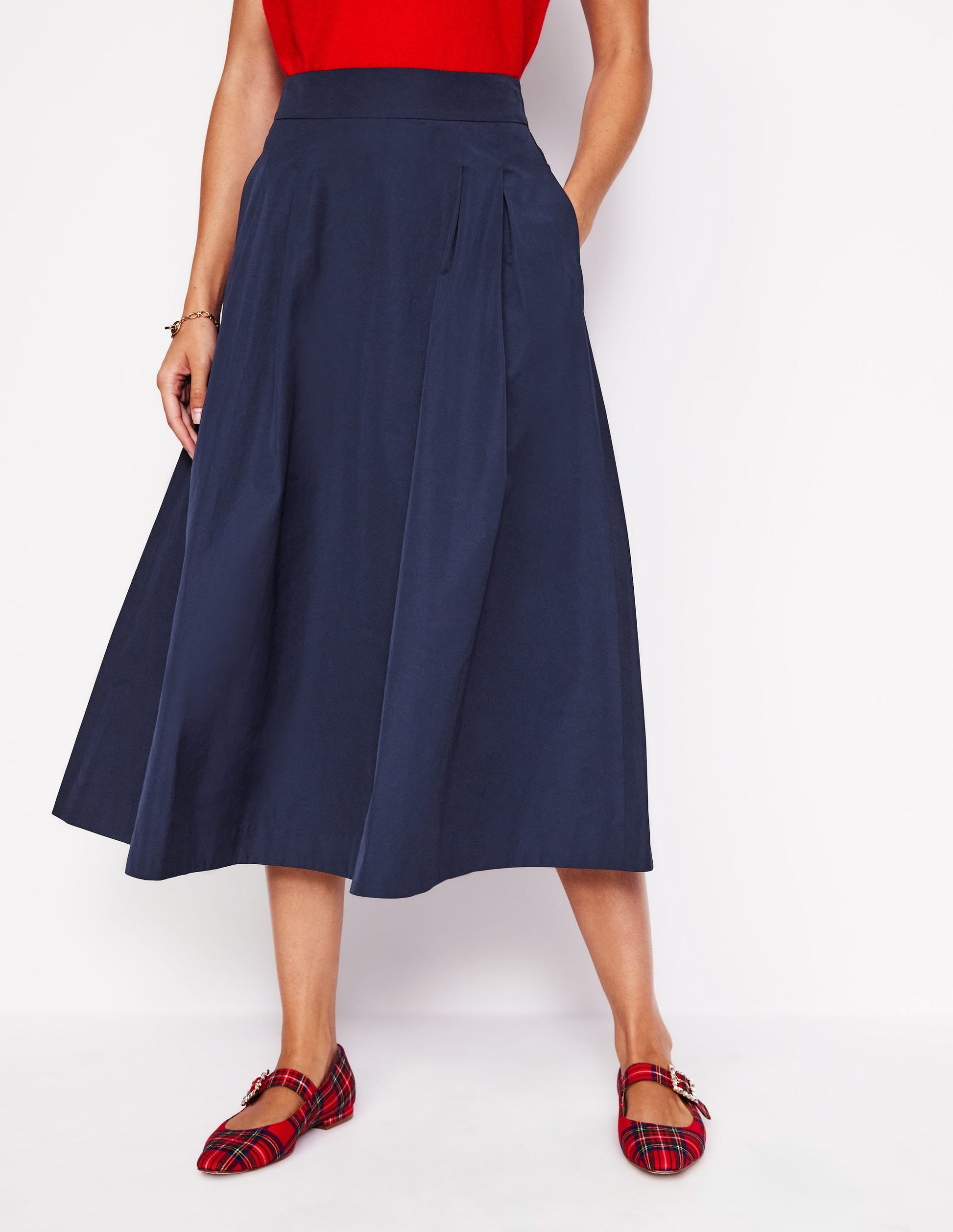 Isabella Taffeta Midi Skirt-Navy-4