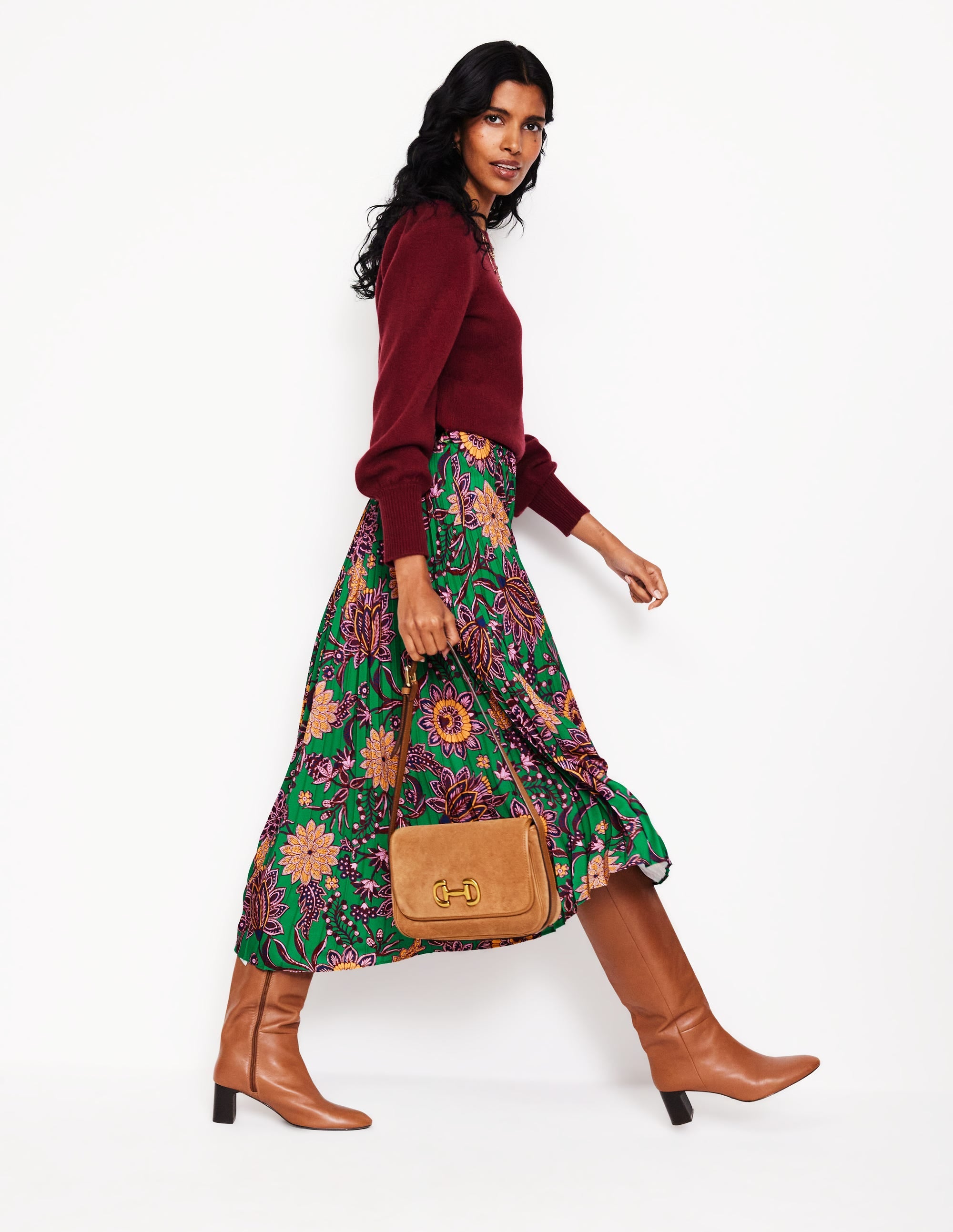 Camilla Pleated Midi Skirt-Rich Emerald, Ornate Bud - Image 1