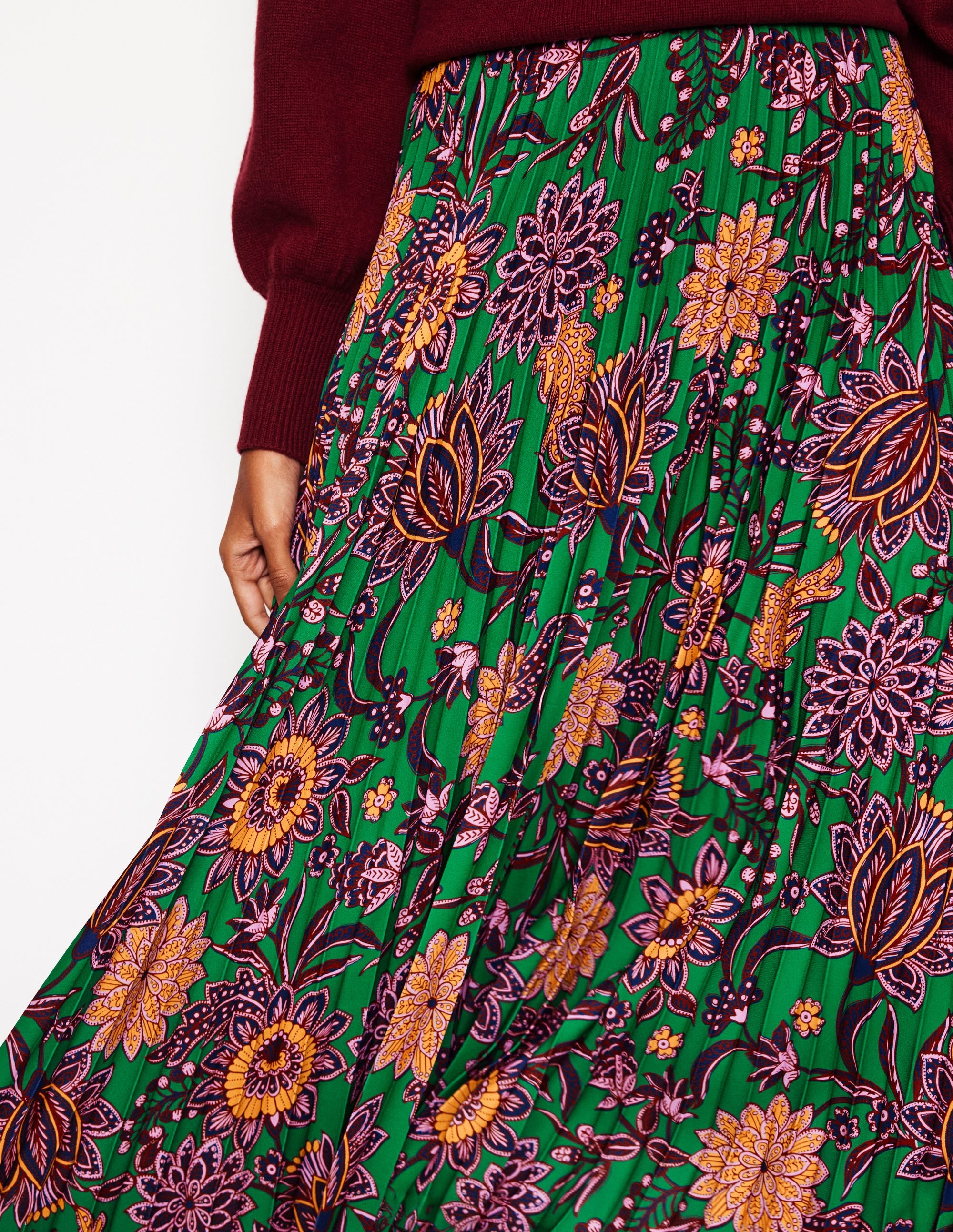 Camilla Pleated Midi Skirt-Rich Emerald, Ornate Bud - Image 2