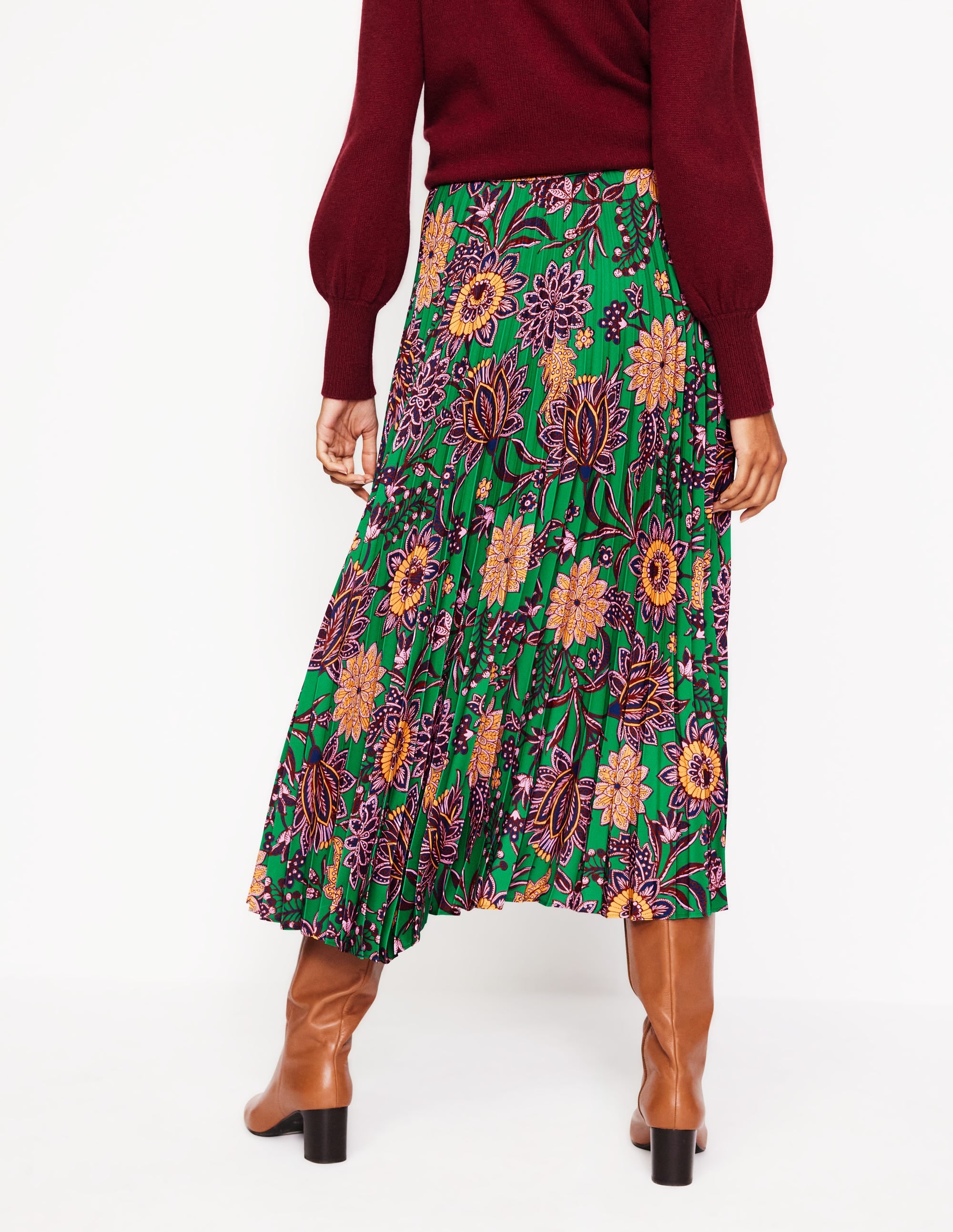 Camilla Pleated Midi Skirt-Rich Emerald, Ornate Bud - Image 3