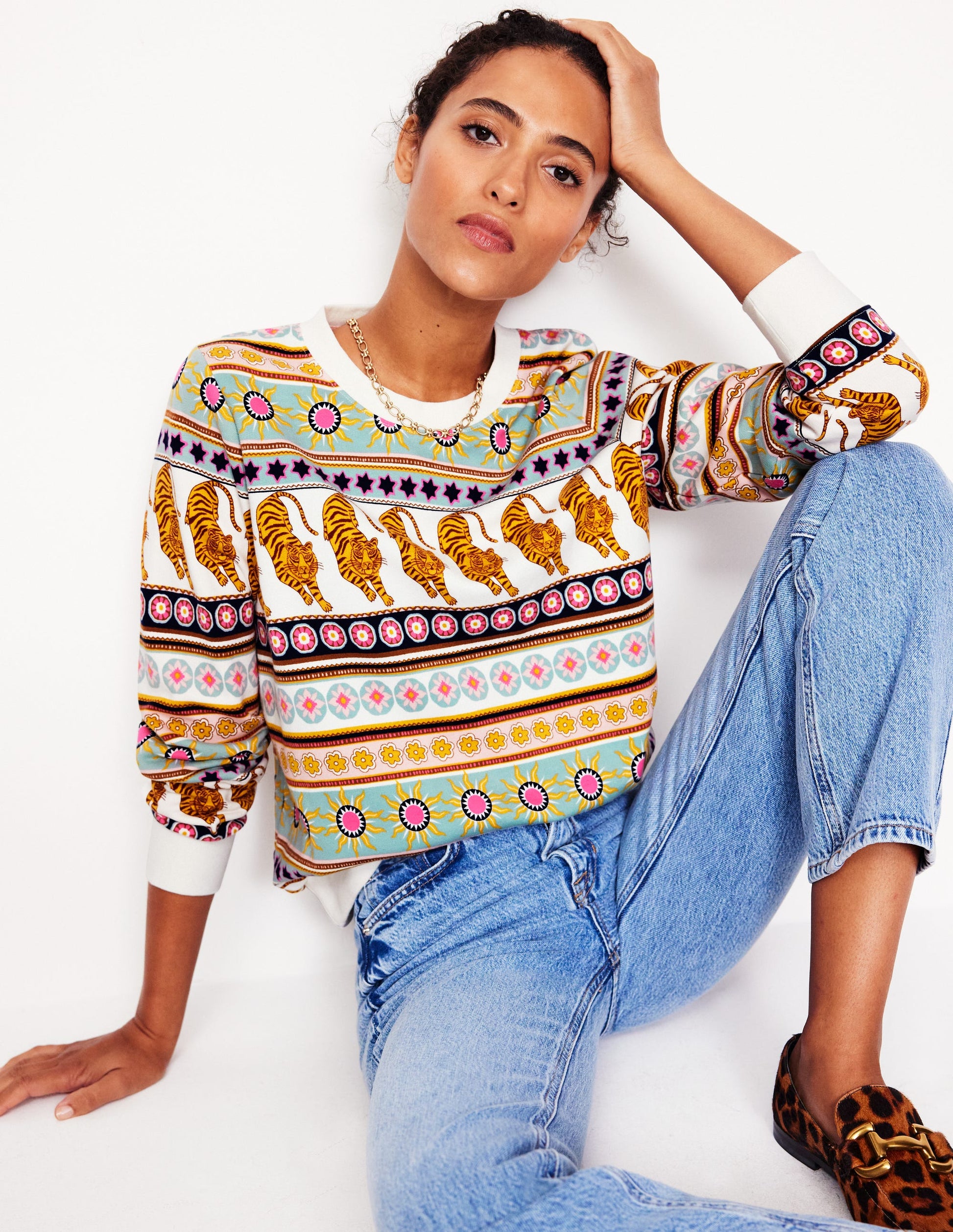 Hannah Printed Sweatshirt-Ivory, Tiger Border-1