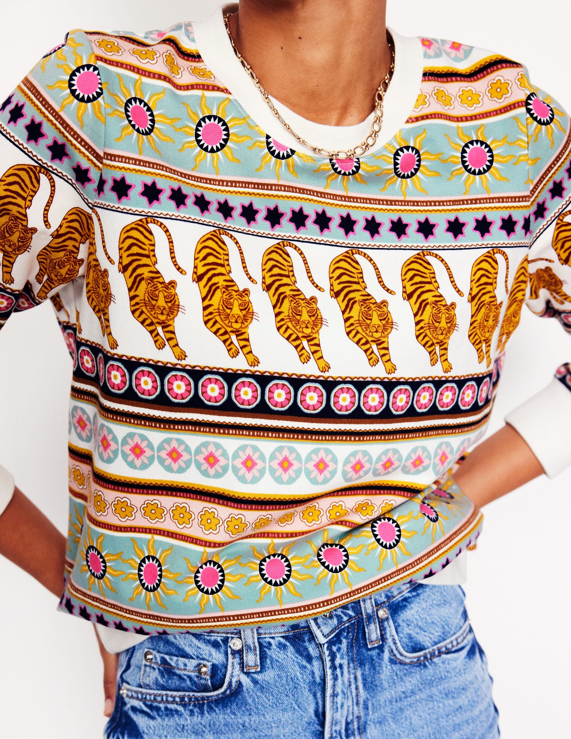 Hannah Printed Sweatshirt-Ivory, Tiger Border-2