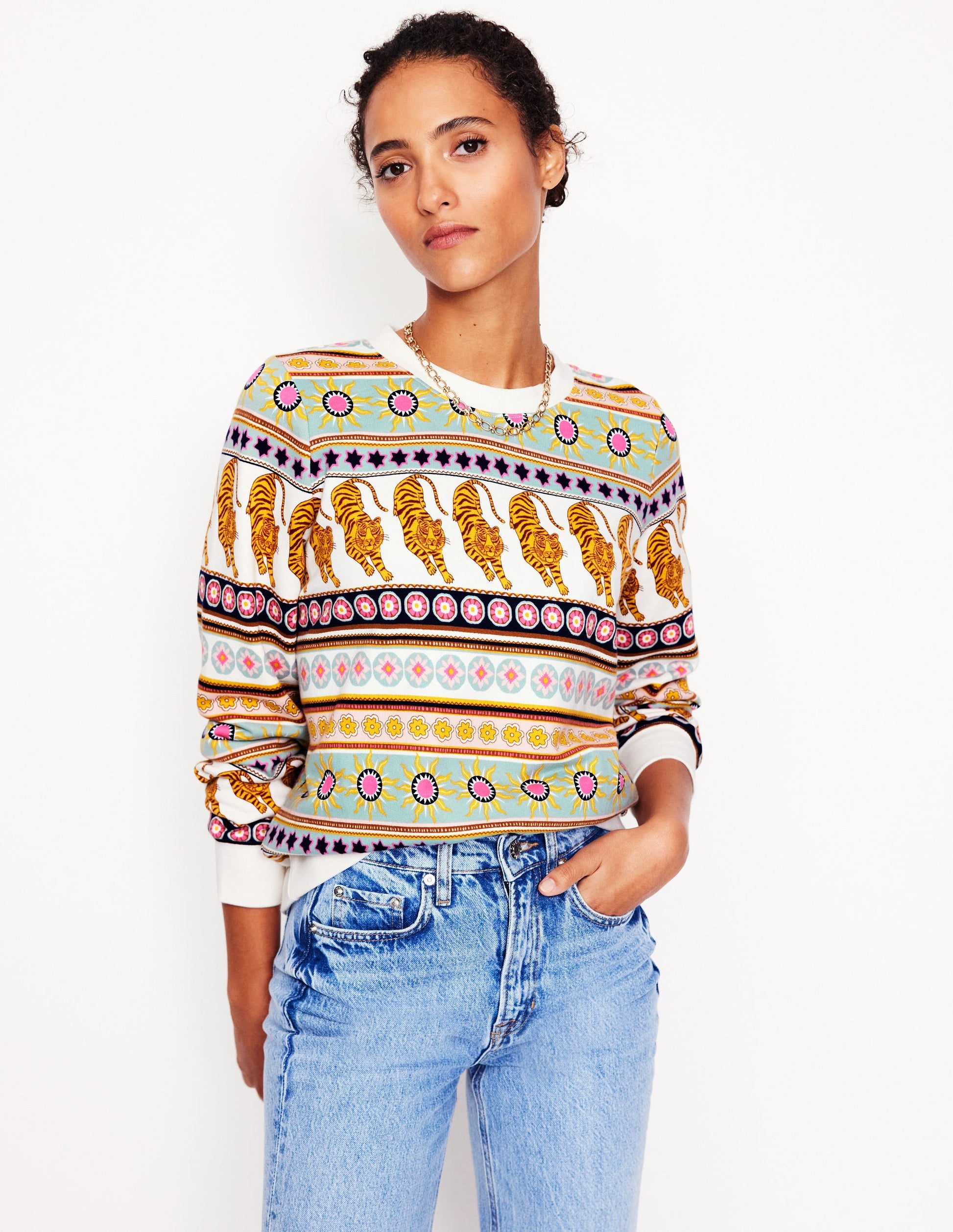 Hannah Printed Sweatshirt-Ivory, Tiger Border-4