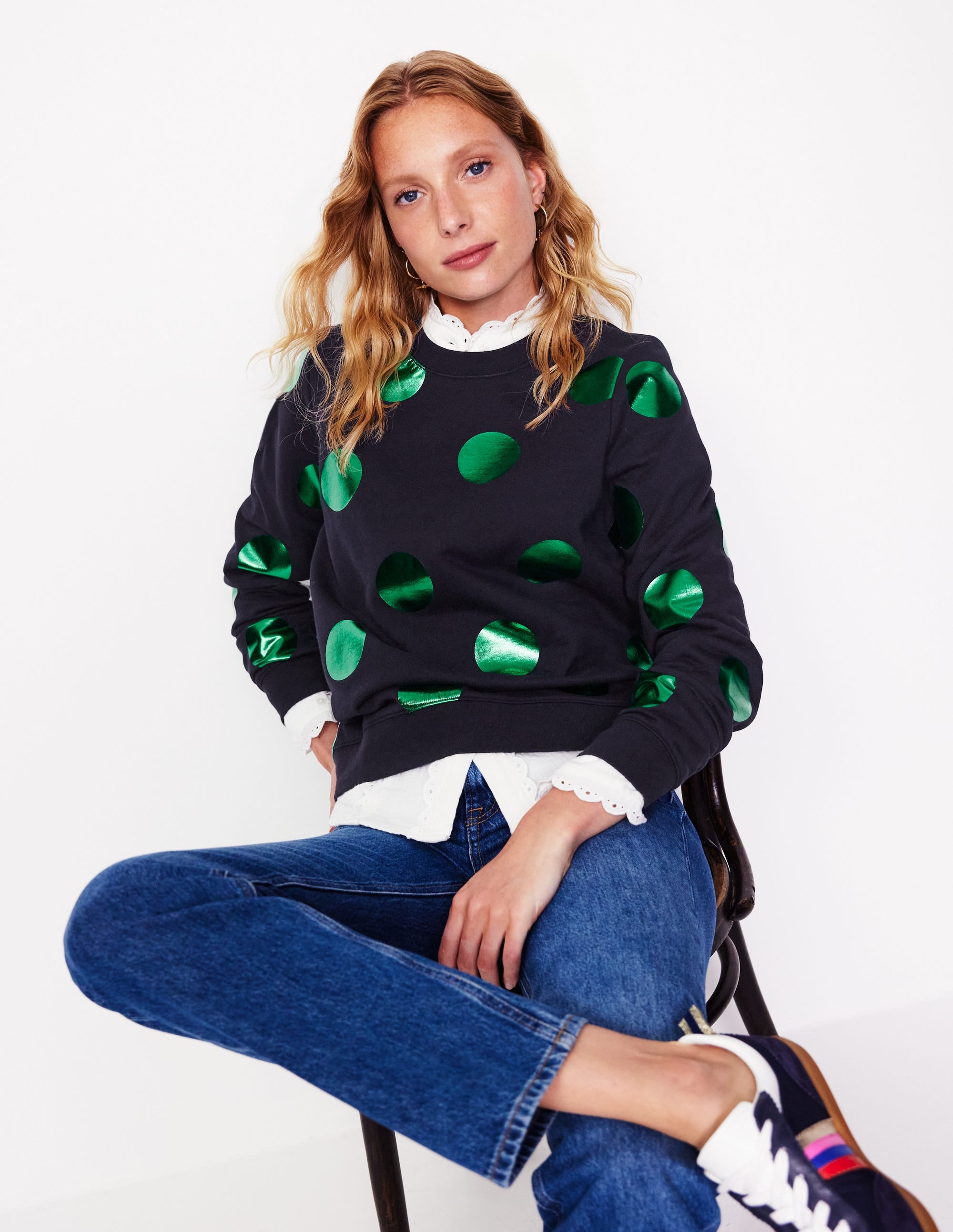 Hannah Printed Sweatshirt-Navy, Green Spot - Image 1