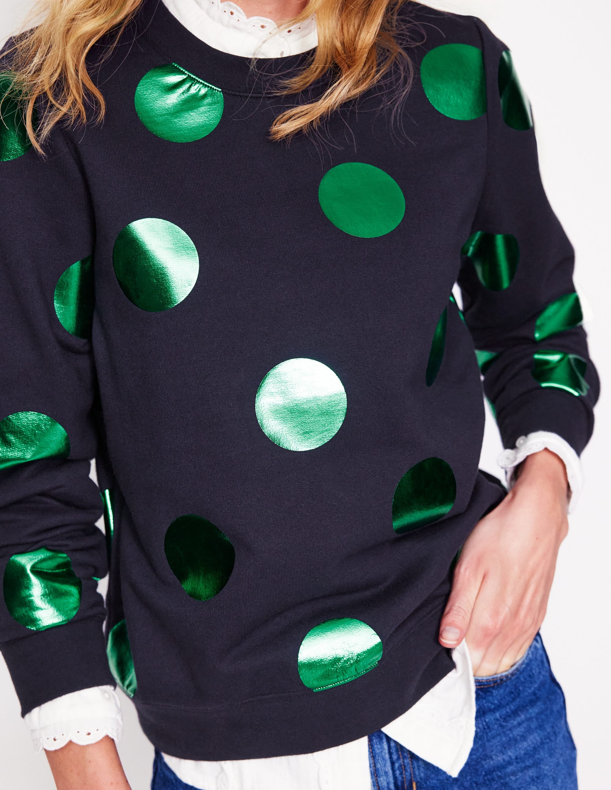 Hannah Printed Sweatshirt-Navy, Green Spot - Image 2