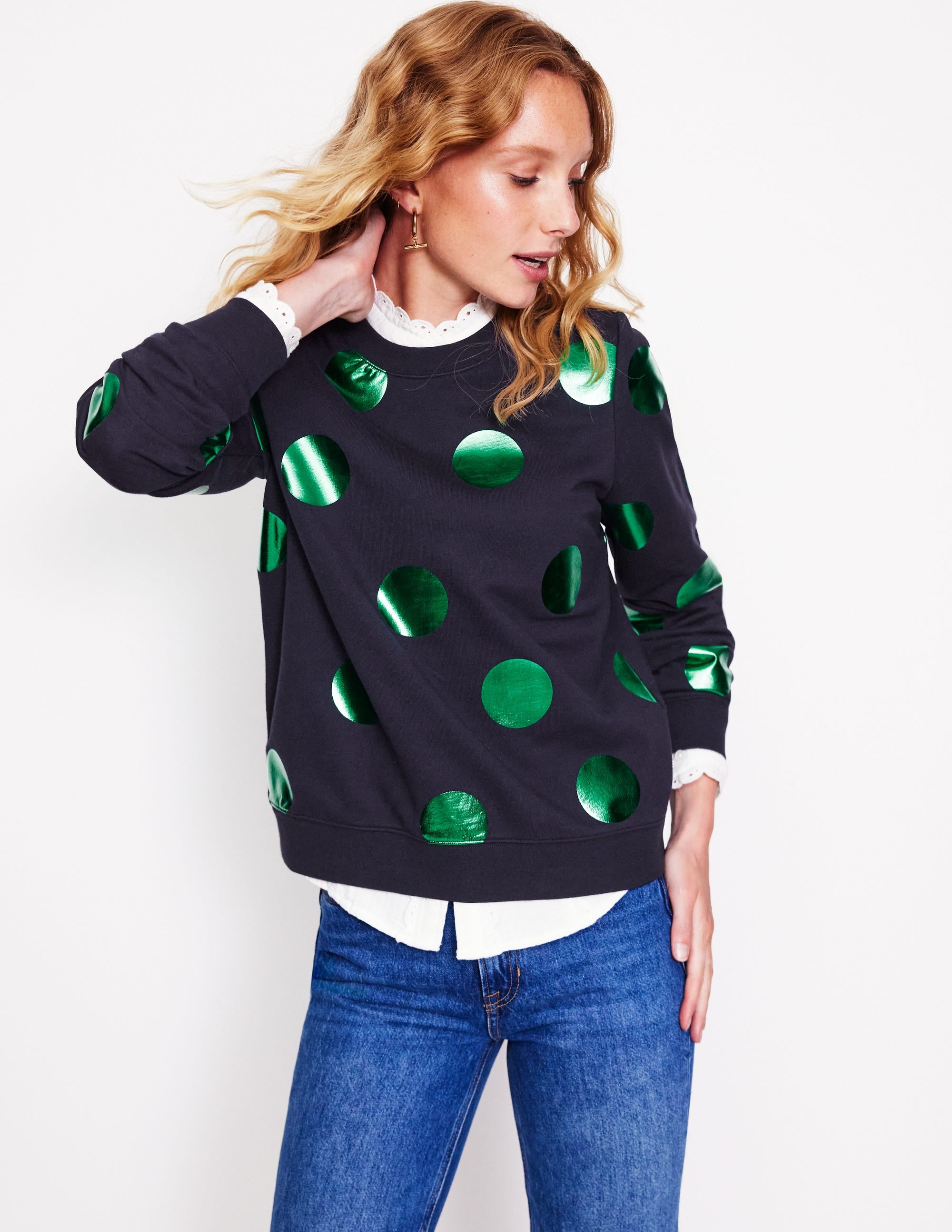 Hannah Printed Sweatshirt-Navy, Green Spot - Image 4