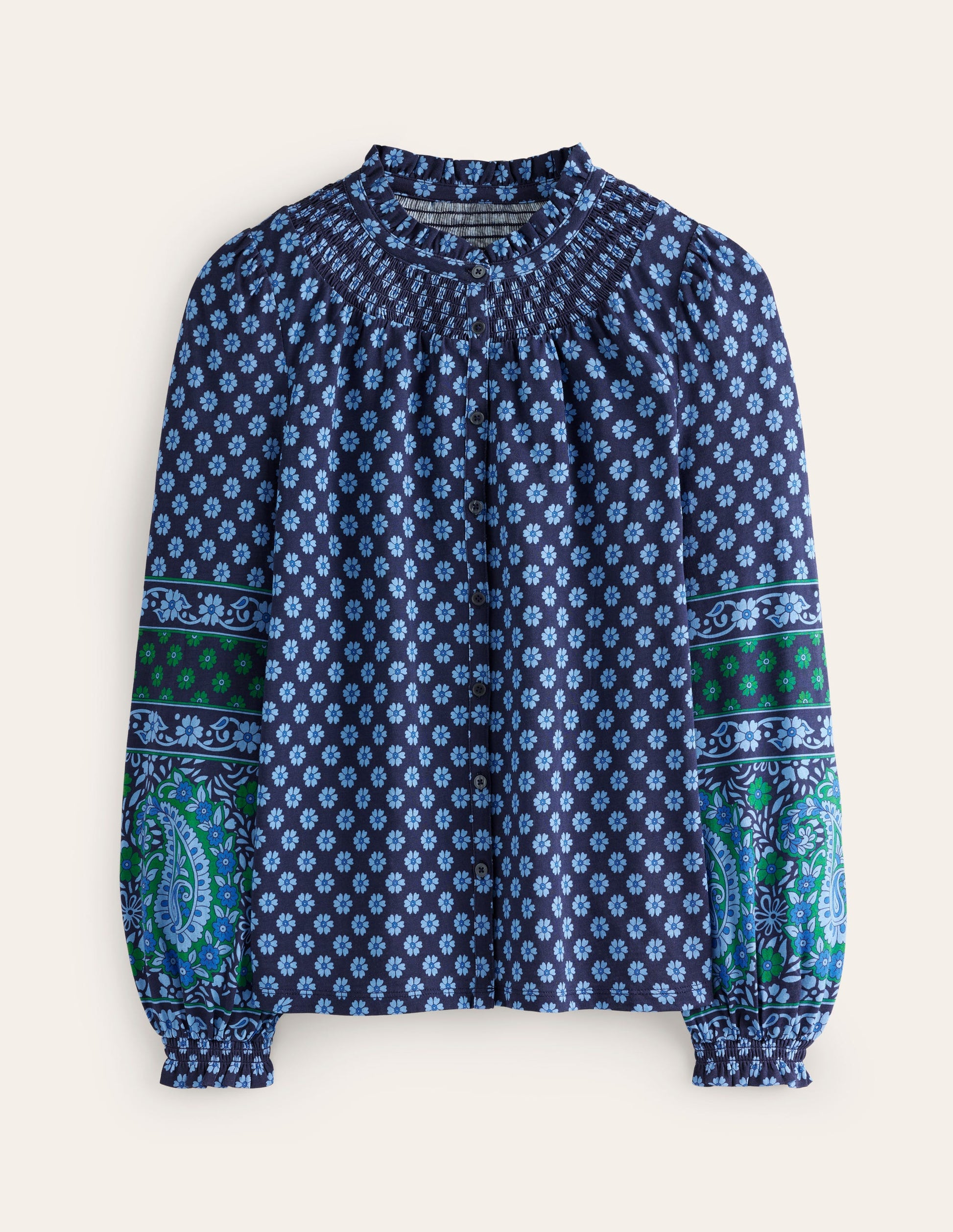 Fay Smocked Jersey Shirt-Dawn Blue, Paisley Posy-5