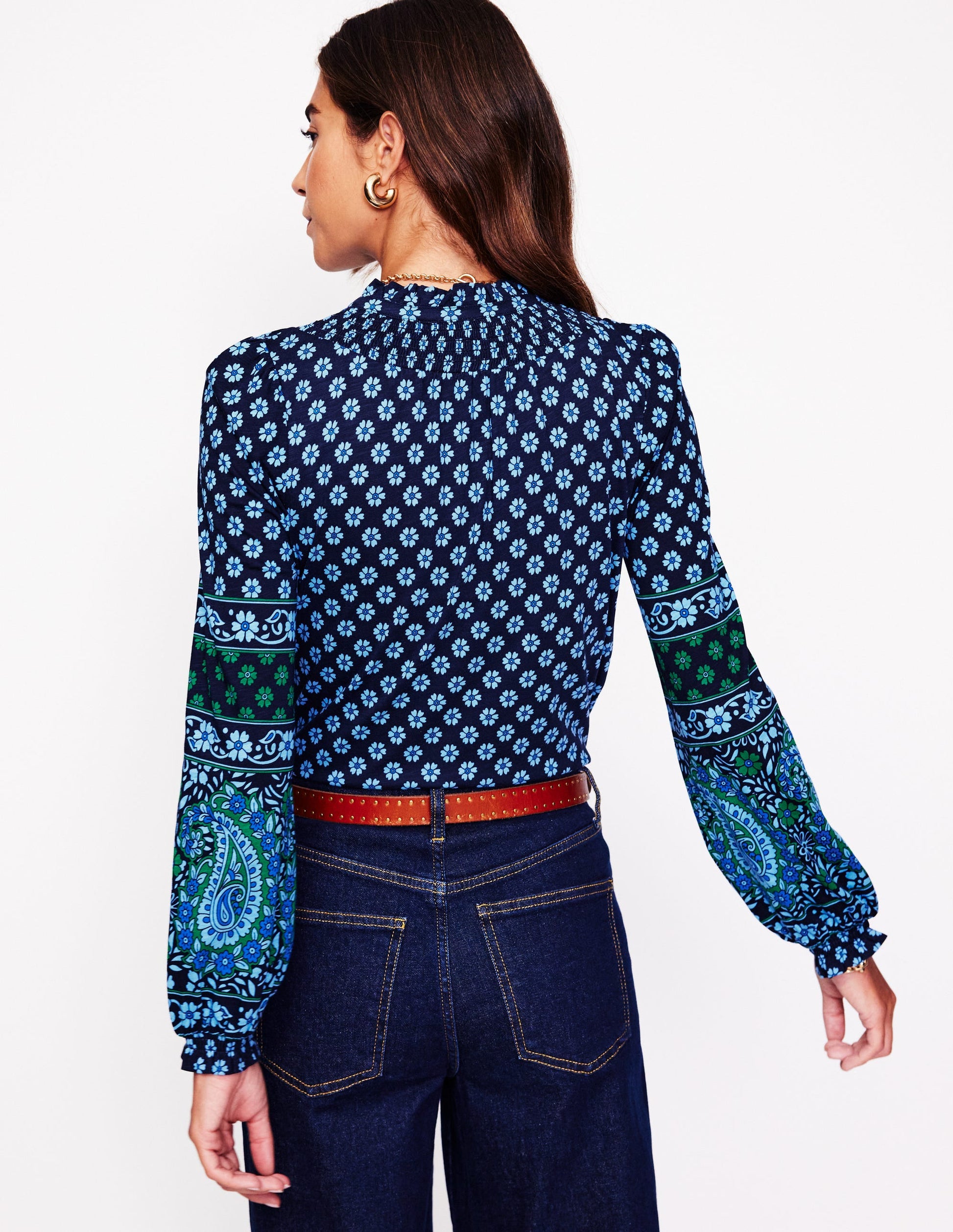 Fay Smocked Jersey Shirt-Dawn Blue, Paisley Posy-3