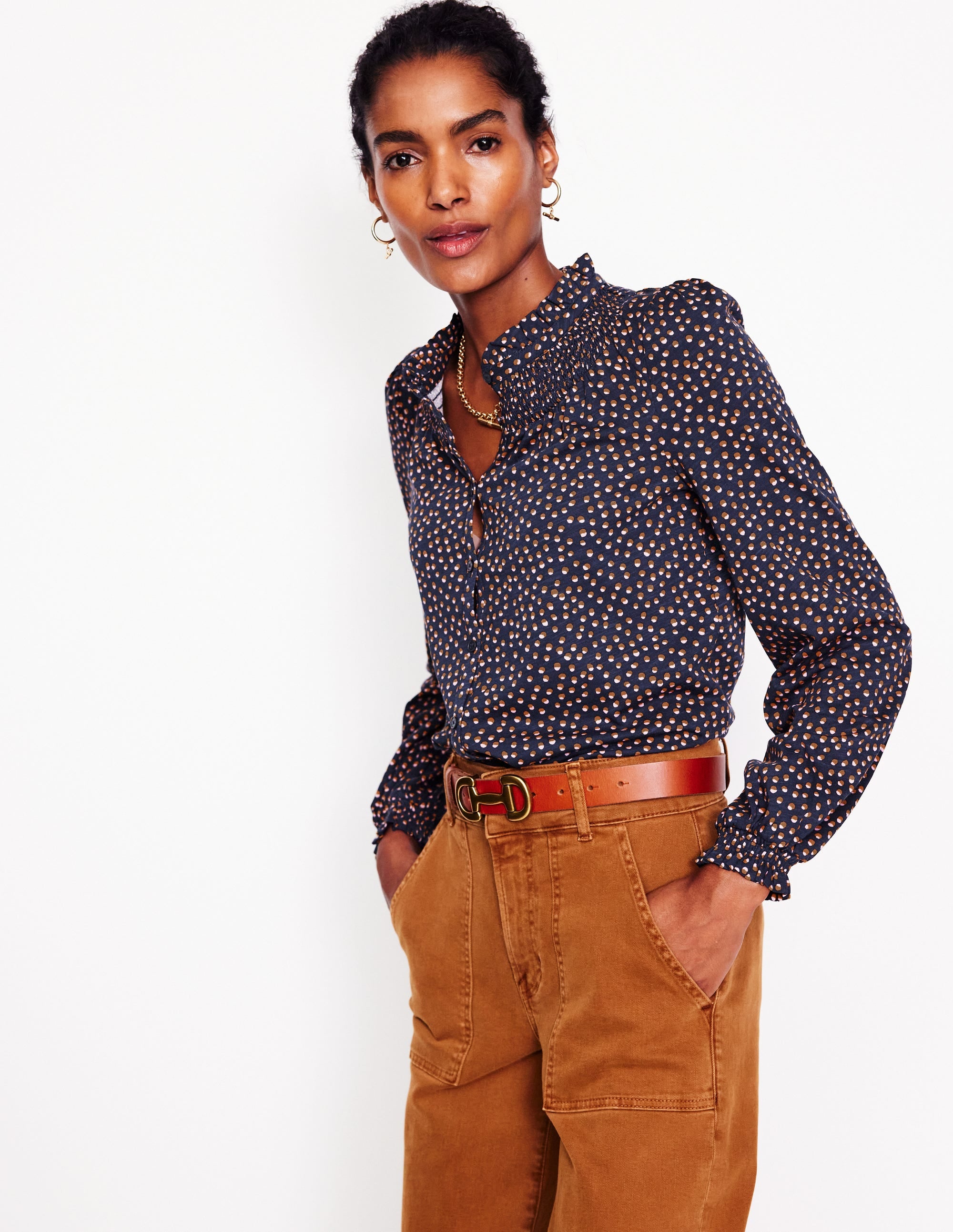 Fay Smocked Jersey Shirt-Navy, Pome Spot - Image 1