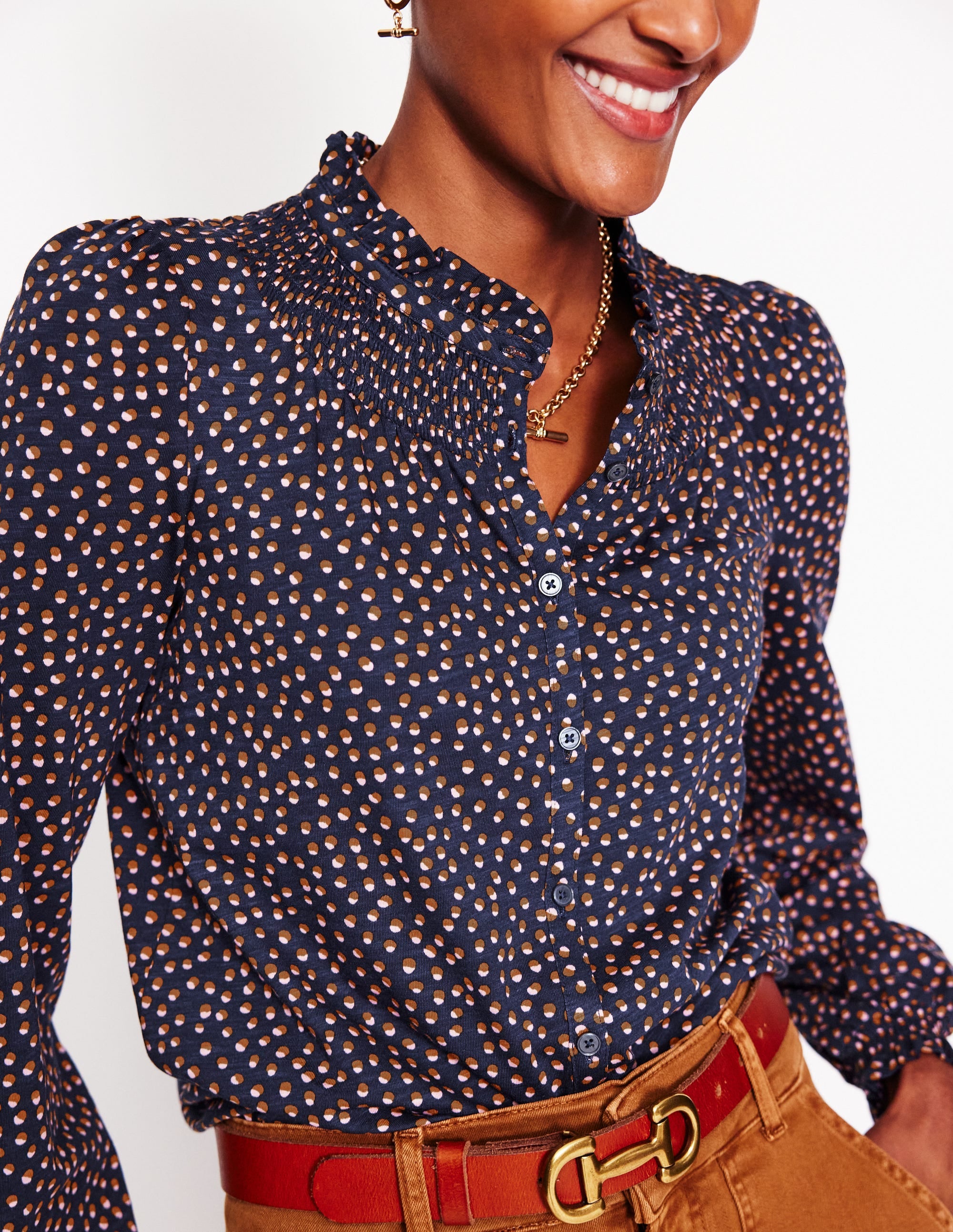 Fay Smocked Jersey Shirt-Navy, Pome Spot - Image 2