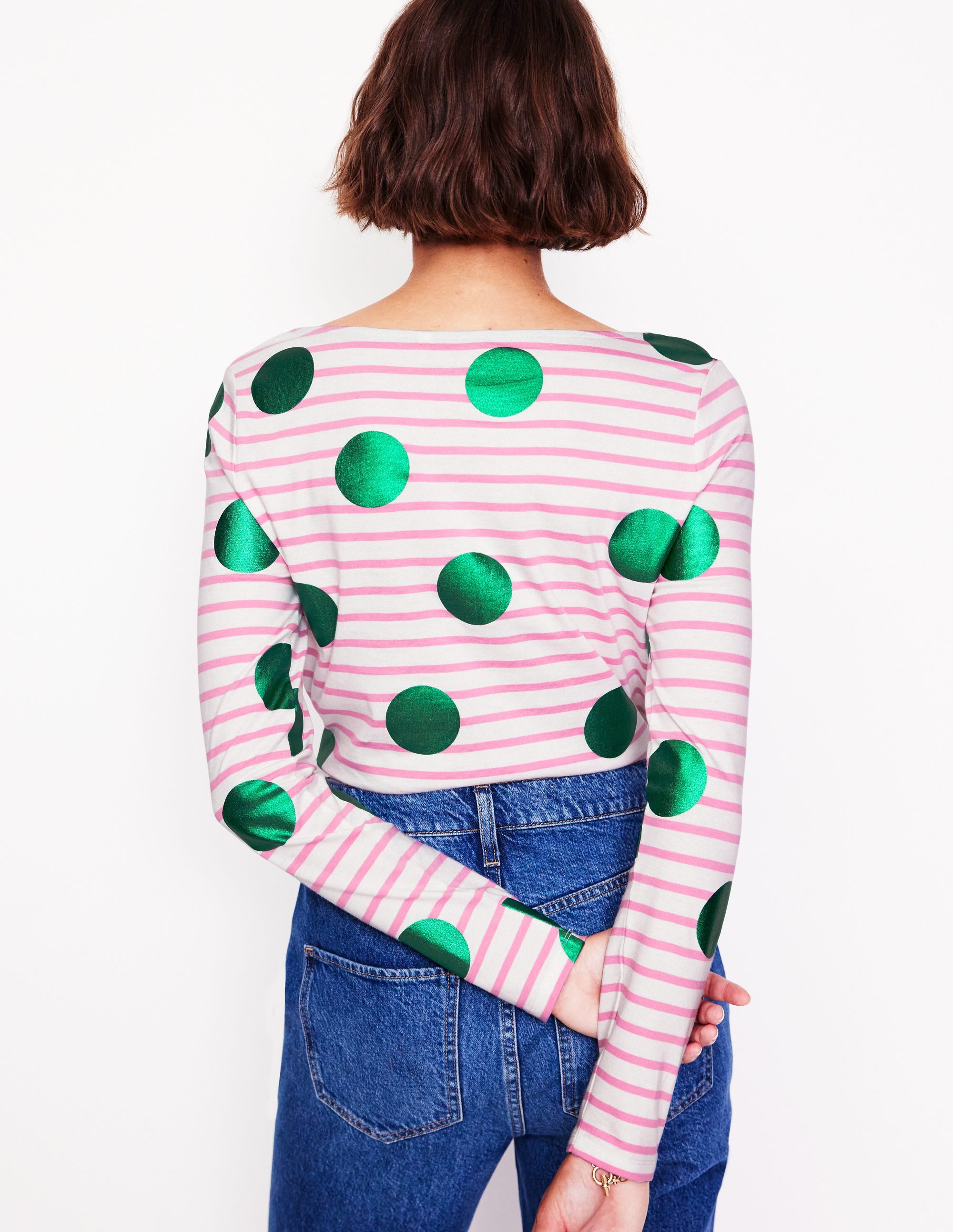 Ella Long Sleeve Breton-Pink, Ivory, Green Spot - Image 3