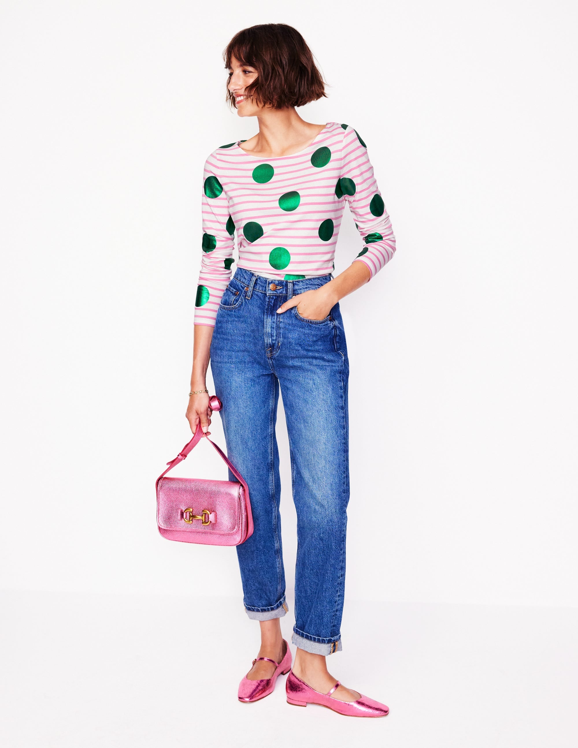 Ella Long Sleeve Breton-Pink, Ivory, Green Spot - Image 4