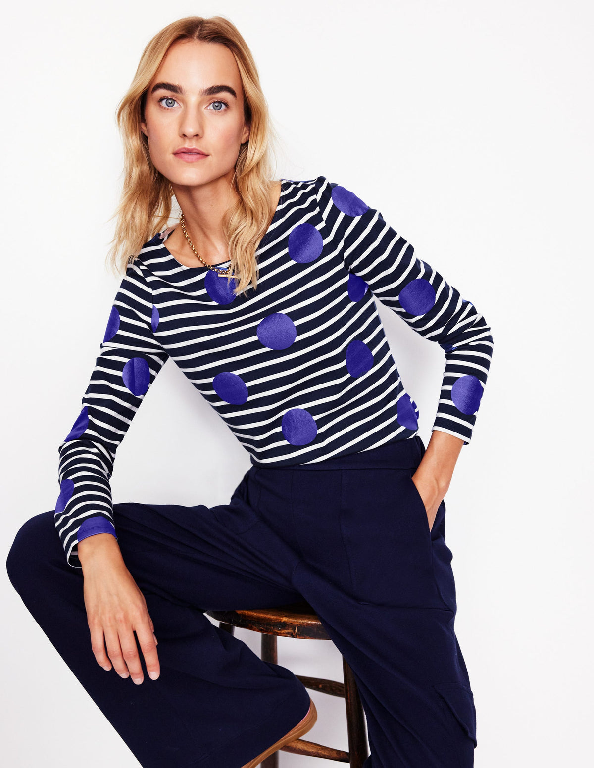 Ella Long Sleeve Breton-Navy, Ivory, Blue Spot - Image 1