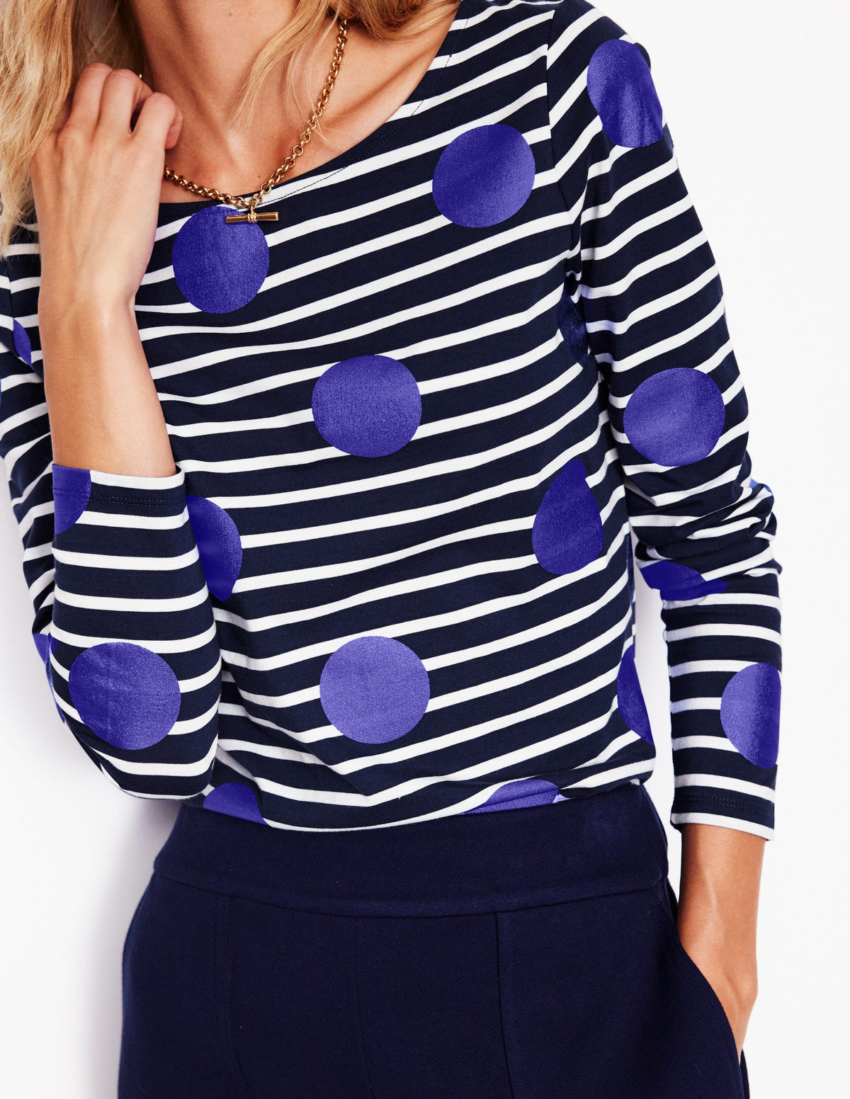 Ella Long Sleeve Breton-Navy, Ivory, Blue Spot - Image 2
