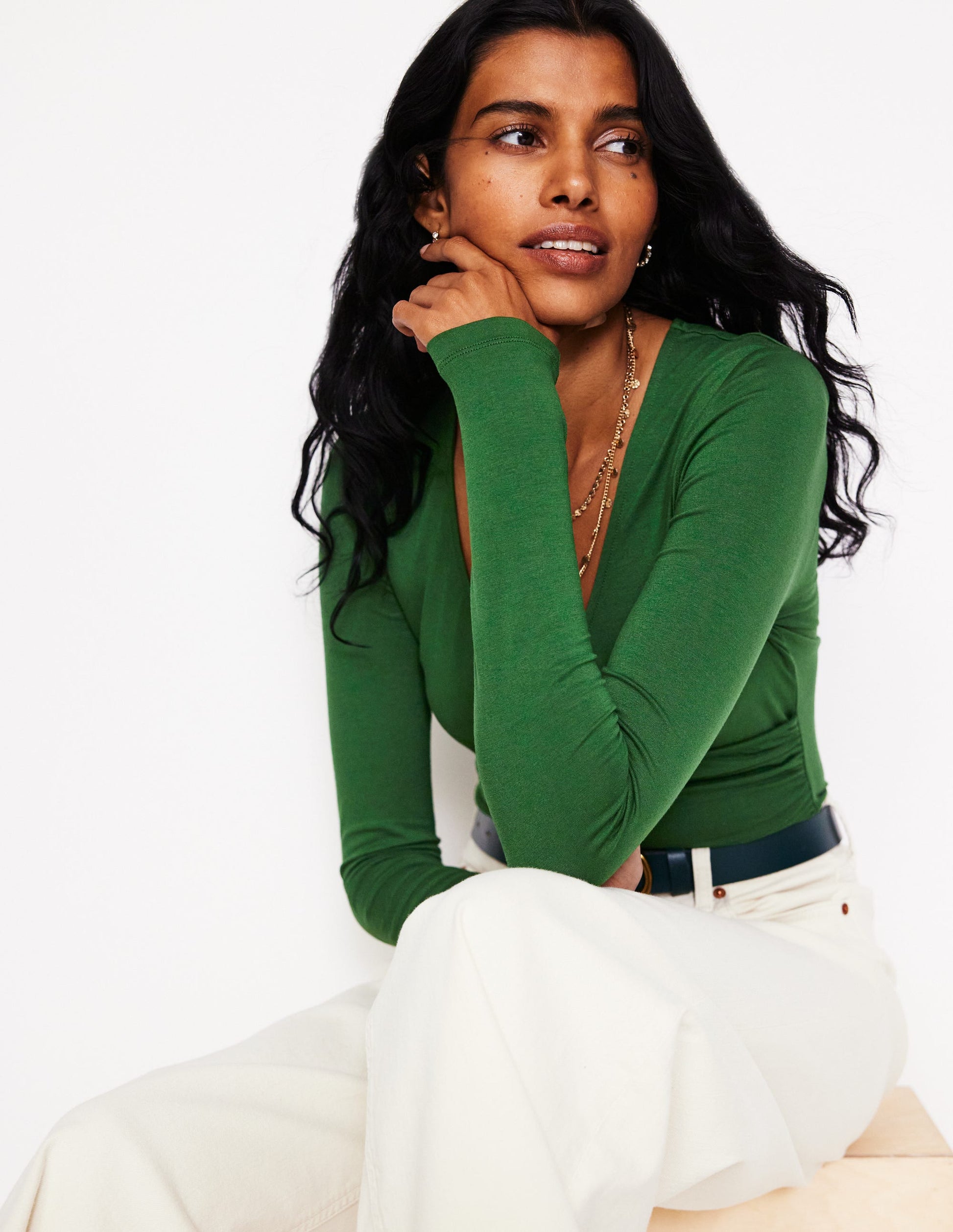 Long Sleeve Wrap Top-Pine-1