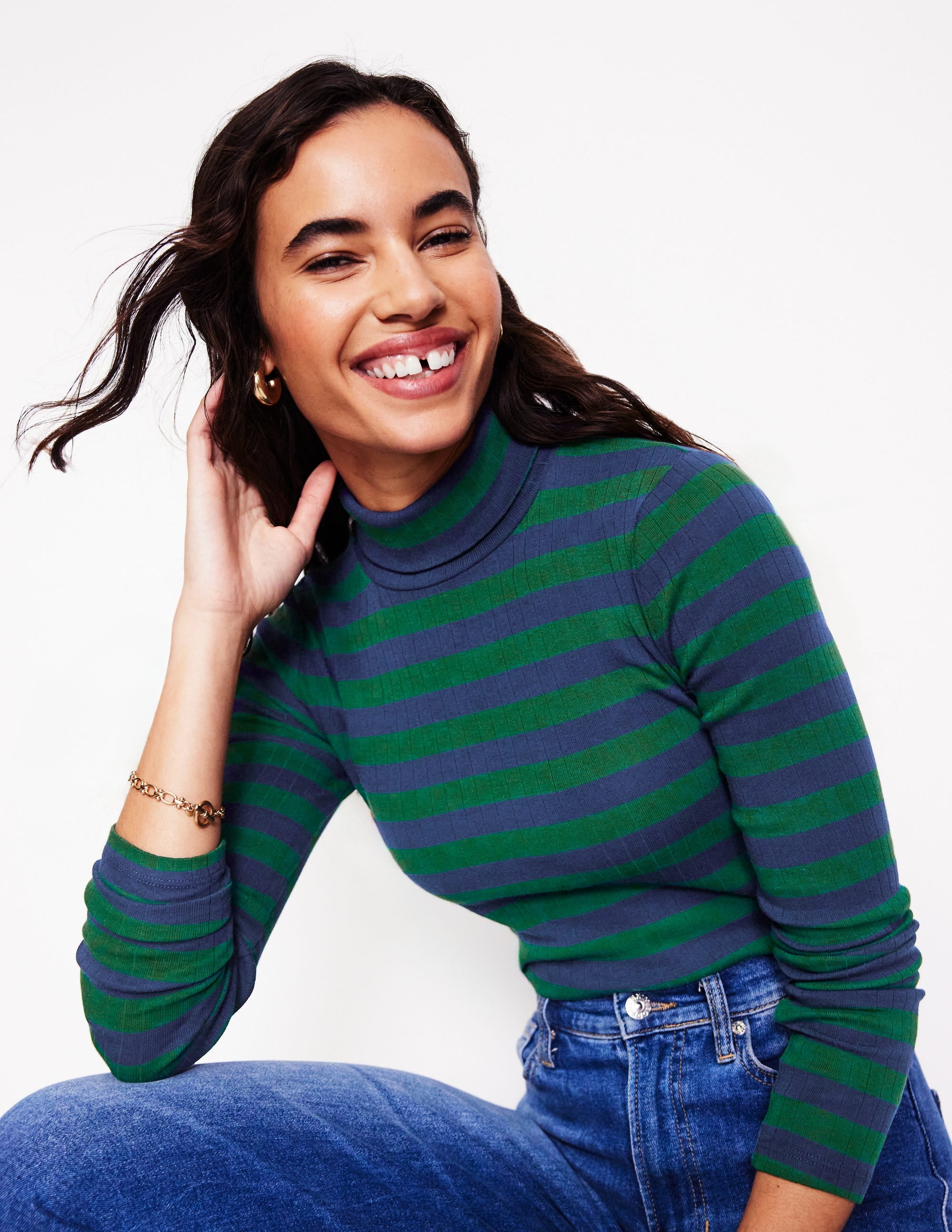 Anna Rib Roll Neck Top-Pine, French Navy - Image 1