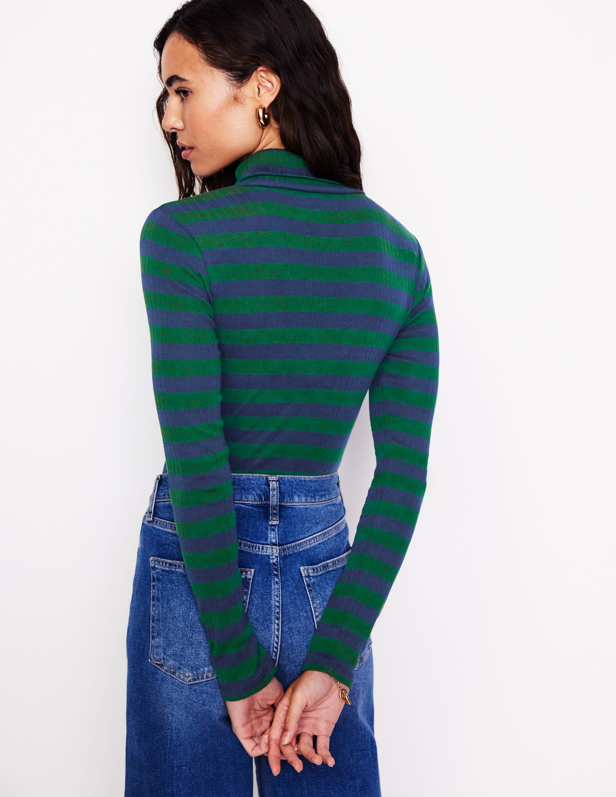 Anna Rib Roll Neck Top-Pine, French Navy - Image 3