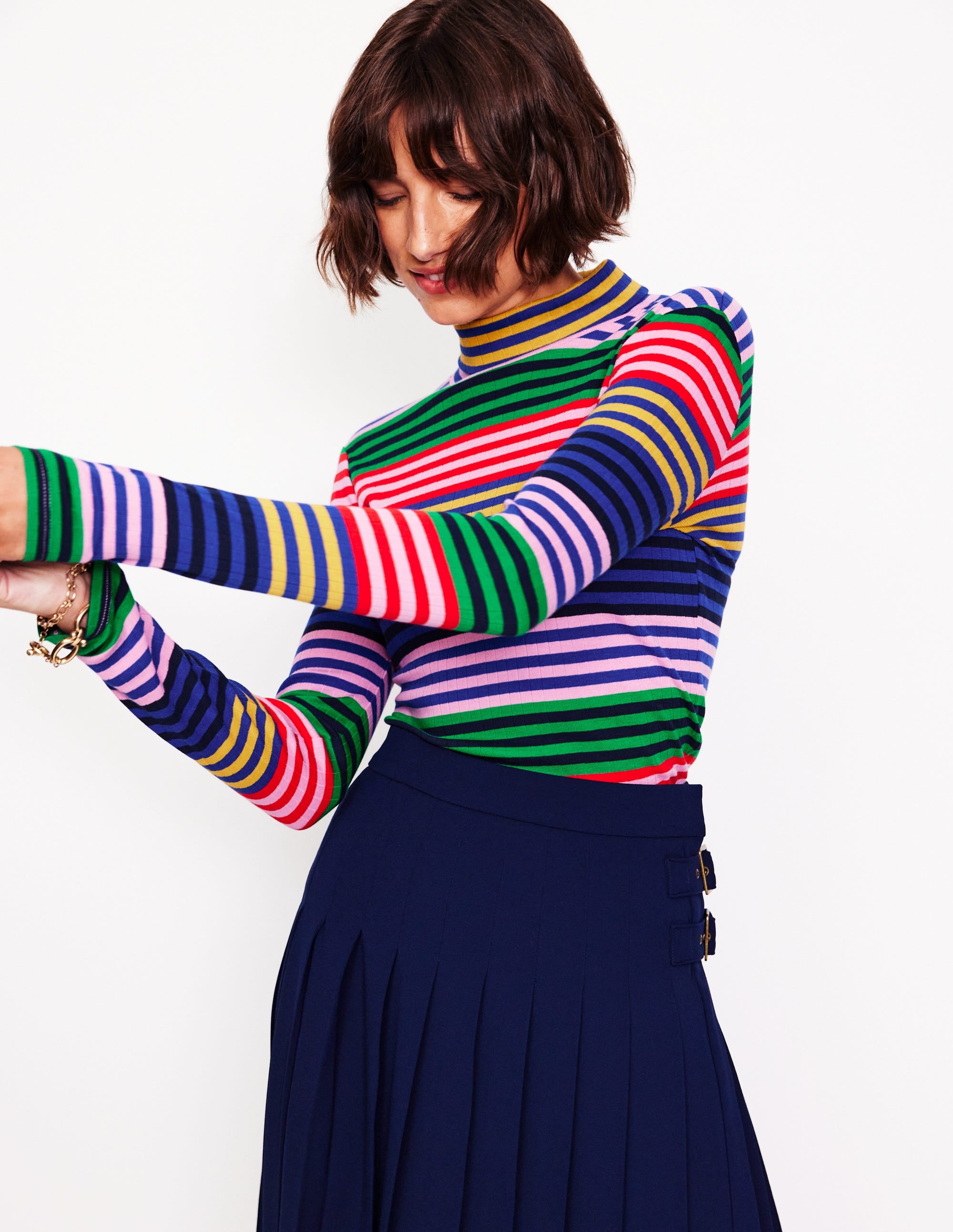 Anna Rib Roll Neck Top-Multi, Rainbow Stripe - Image 1