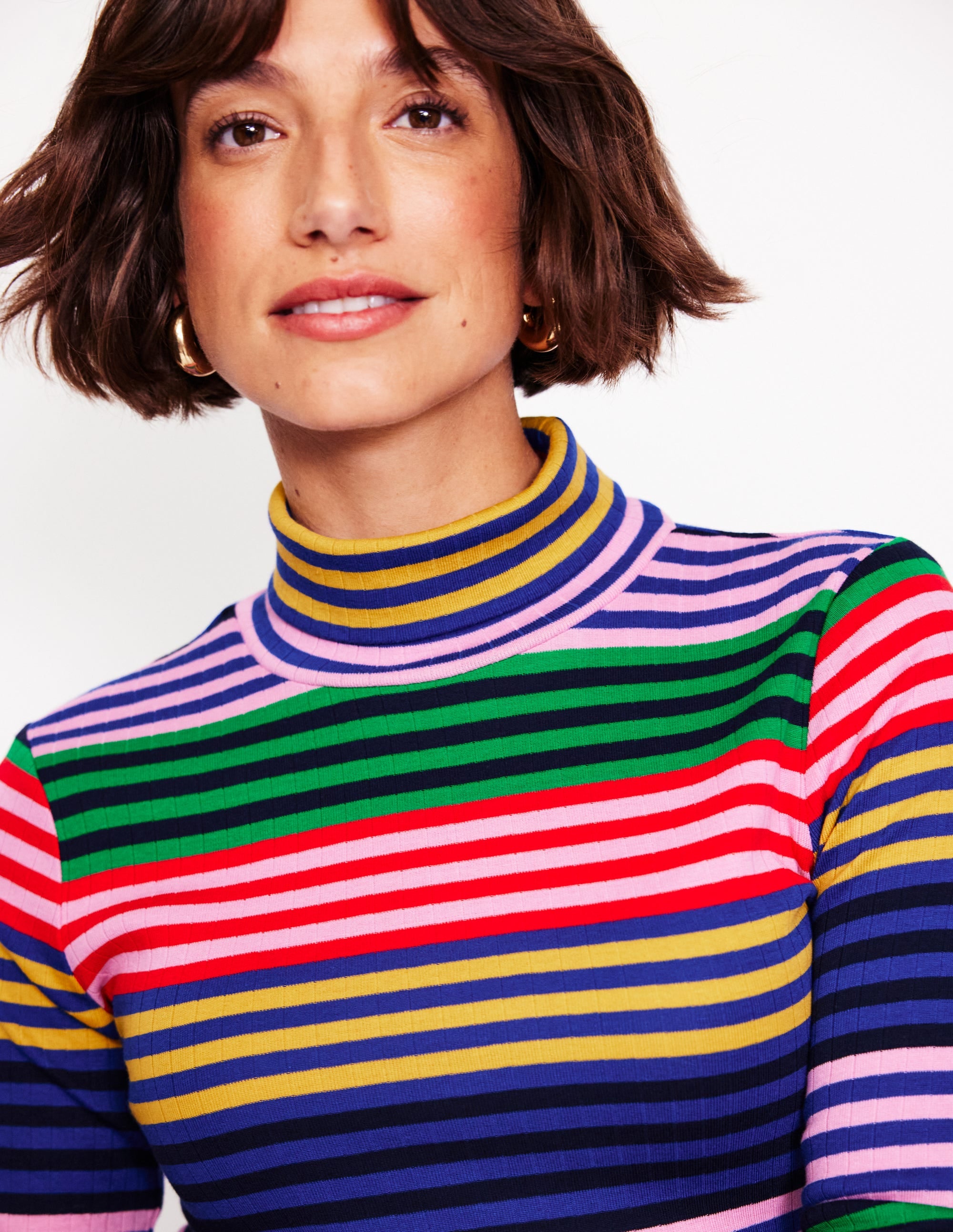 Anna Rib Roll Neck Top-Multi, Rainbow Stripe - Image 2