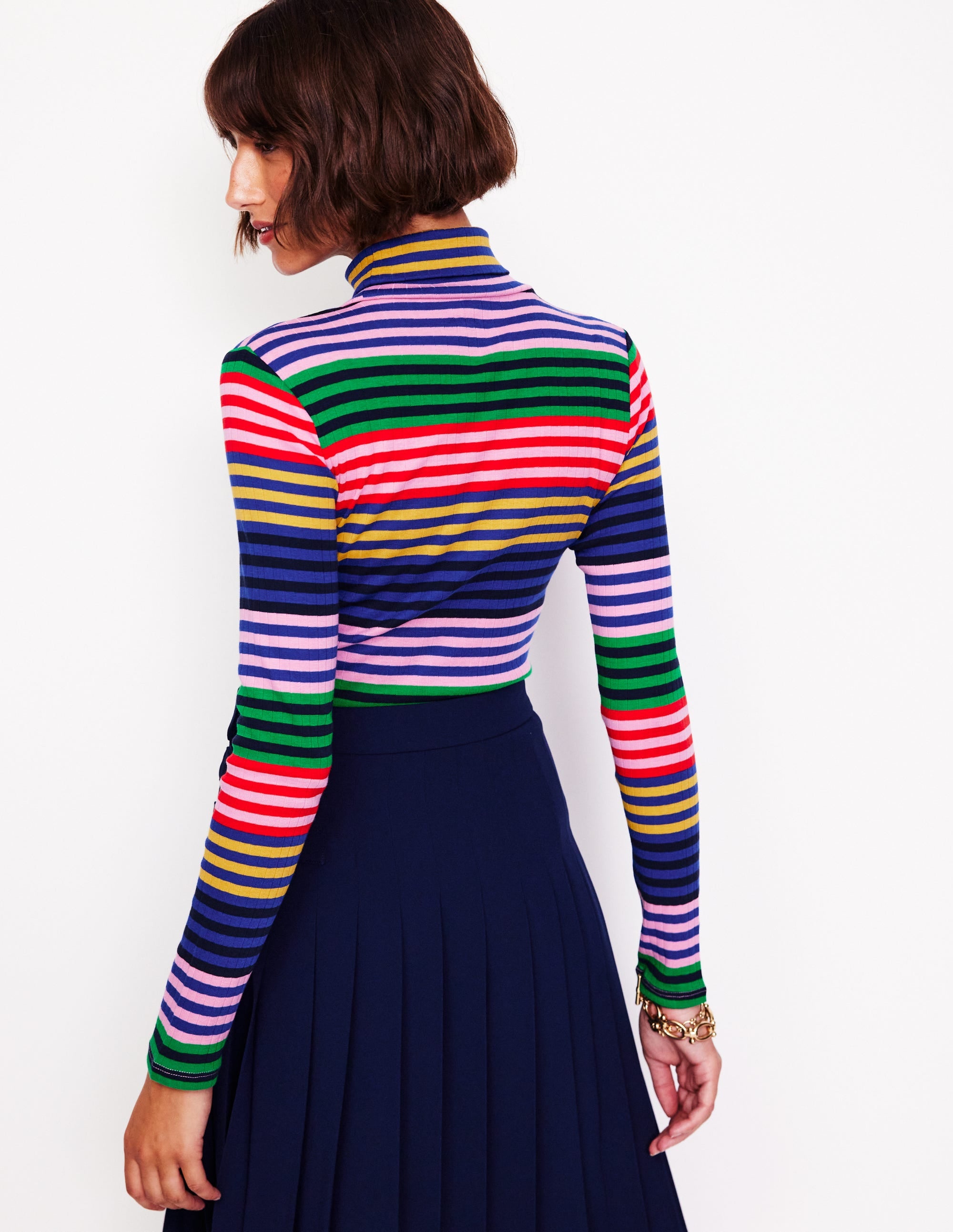 Anna Rib Roll Neck Top-Multi, Rainbow Stripe - Image 3