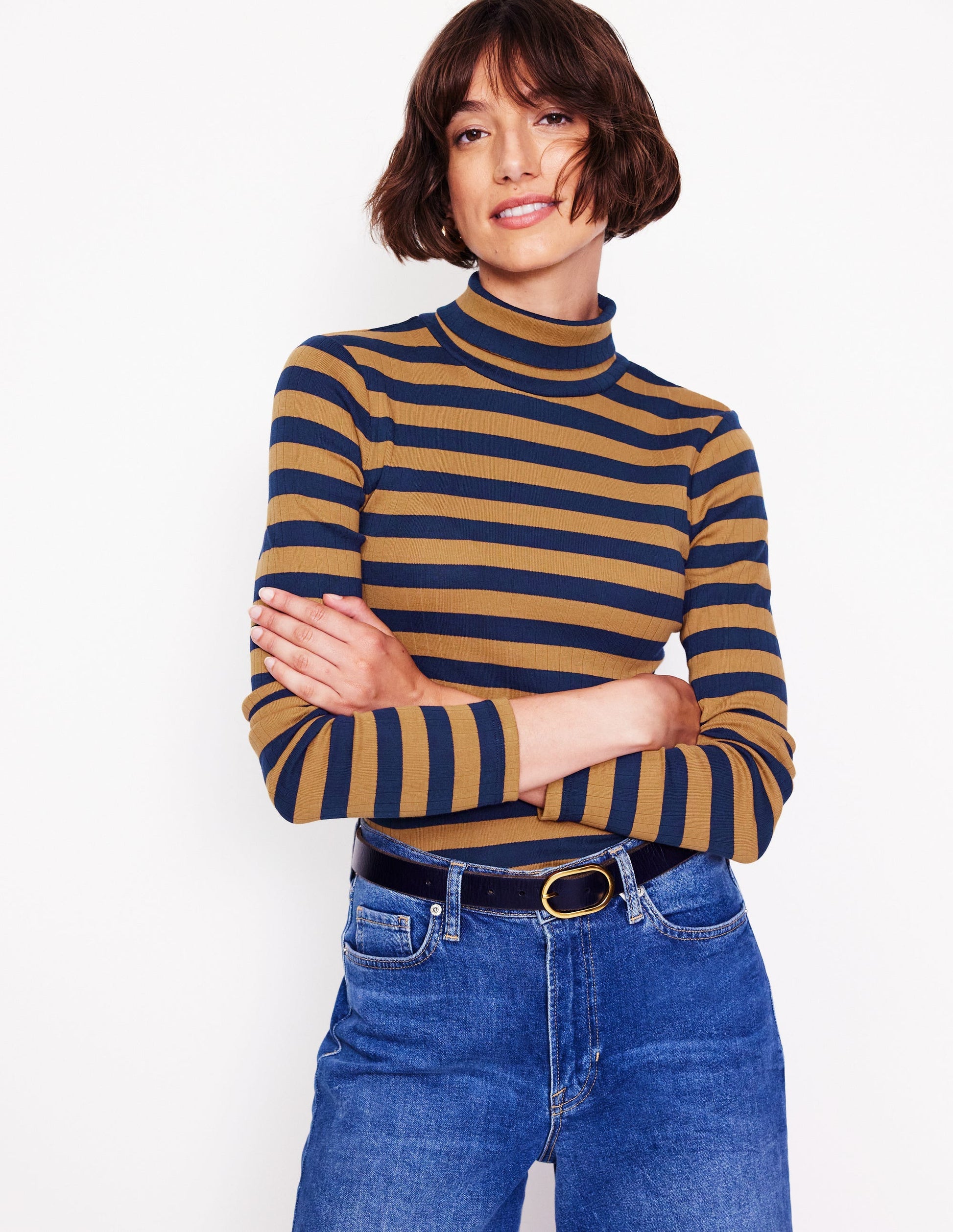Anna Rib Roll Neck Top-French Navy,Camel-2