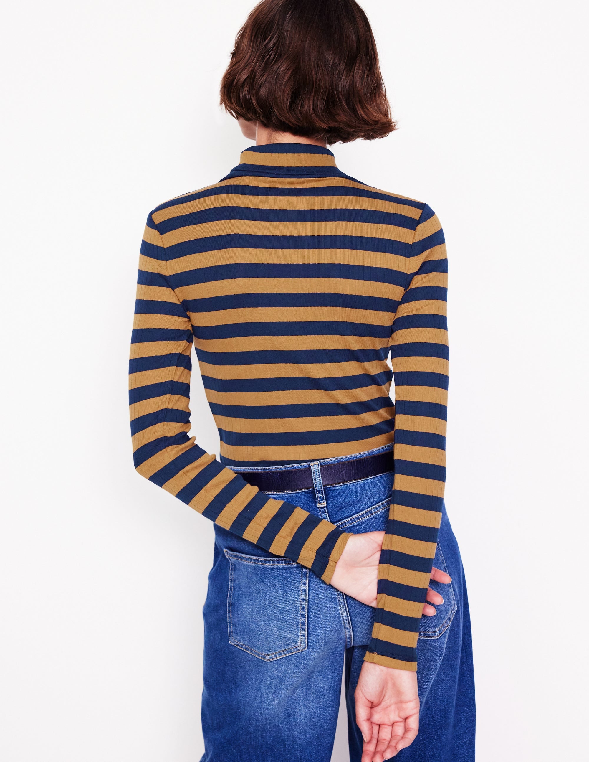 Anna Rib Roll Neck Top-French Navy,Camel - Image 3