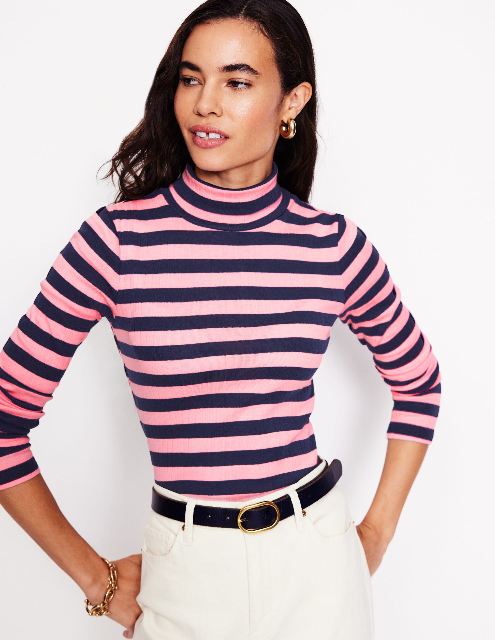 Anna Rib Roll Neck Top-Spring Blossom and French Navy-1