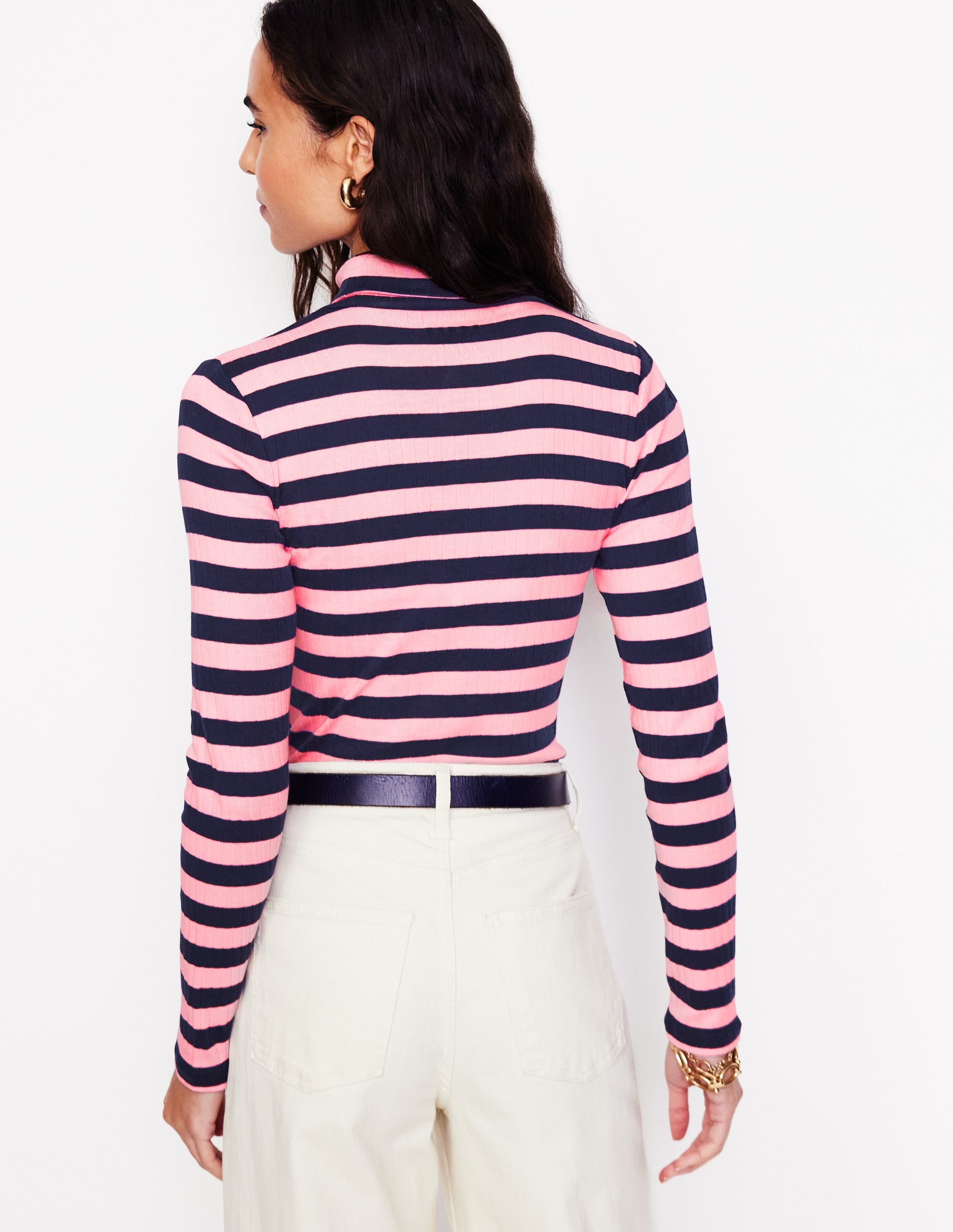 Anna Rib Roll Neck Top-Spring Blossom and French Navy - Image 3