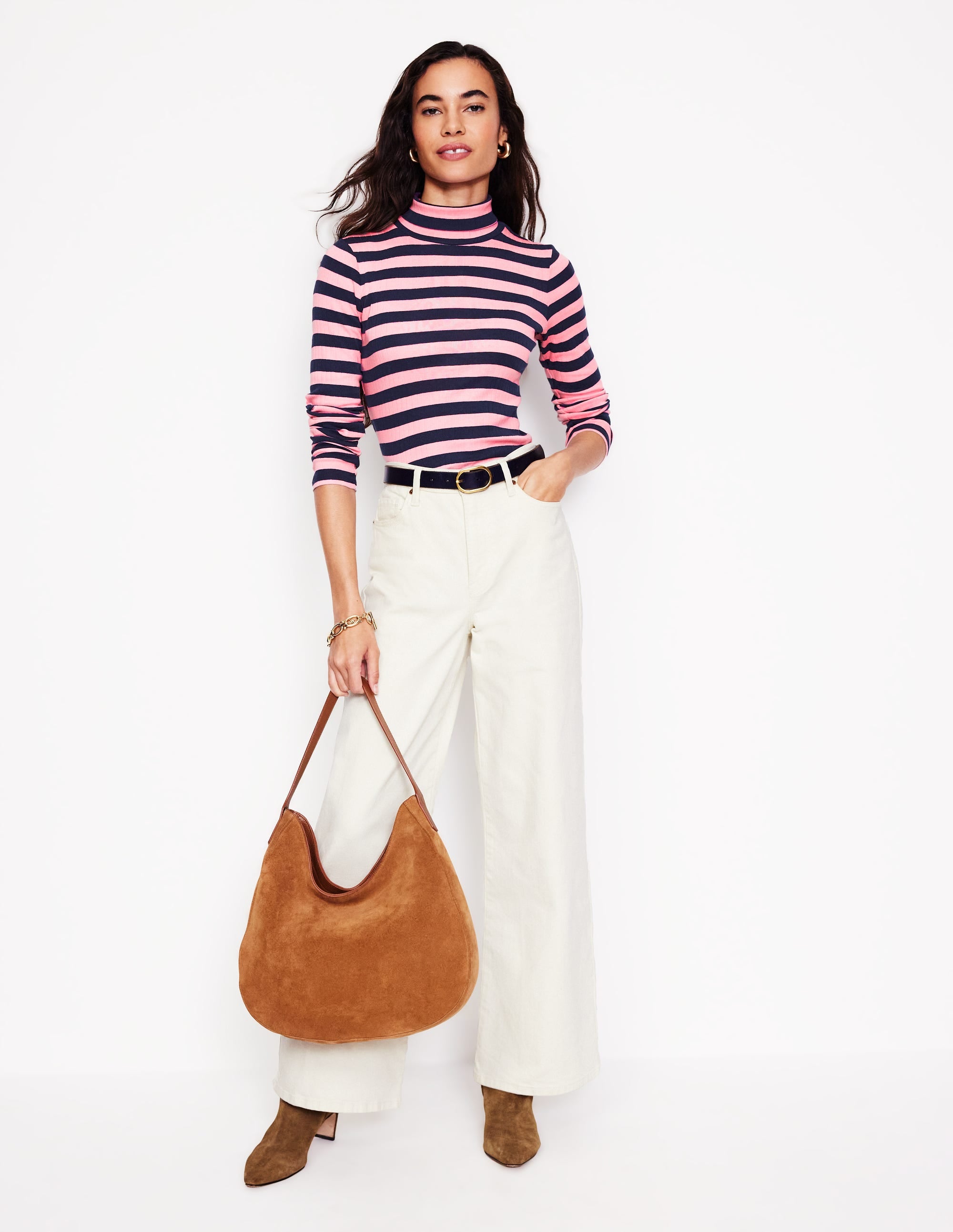 Anna Rib Roll Neck Top-Spring Blossom and French Navy - Image 4