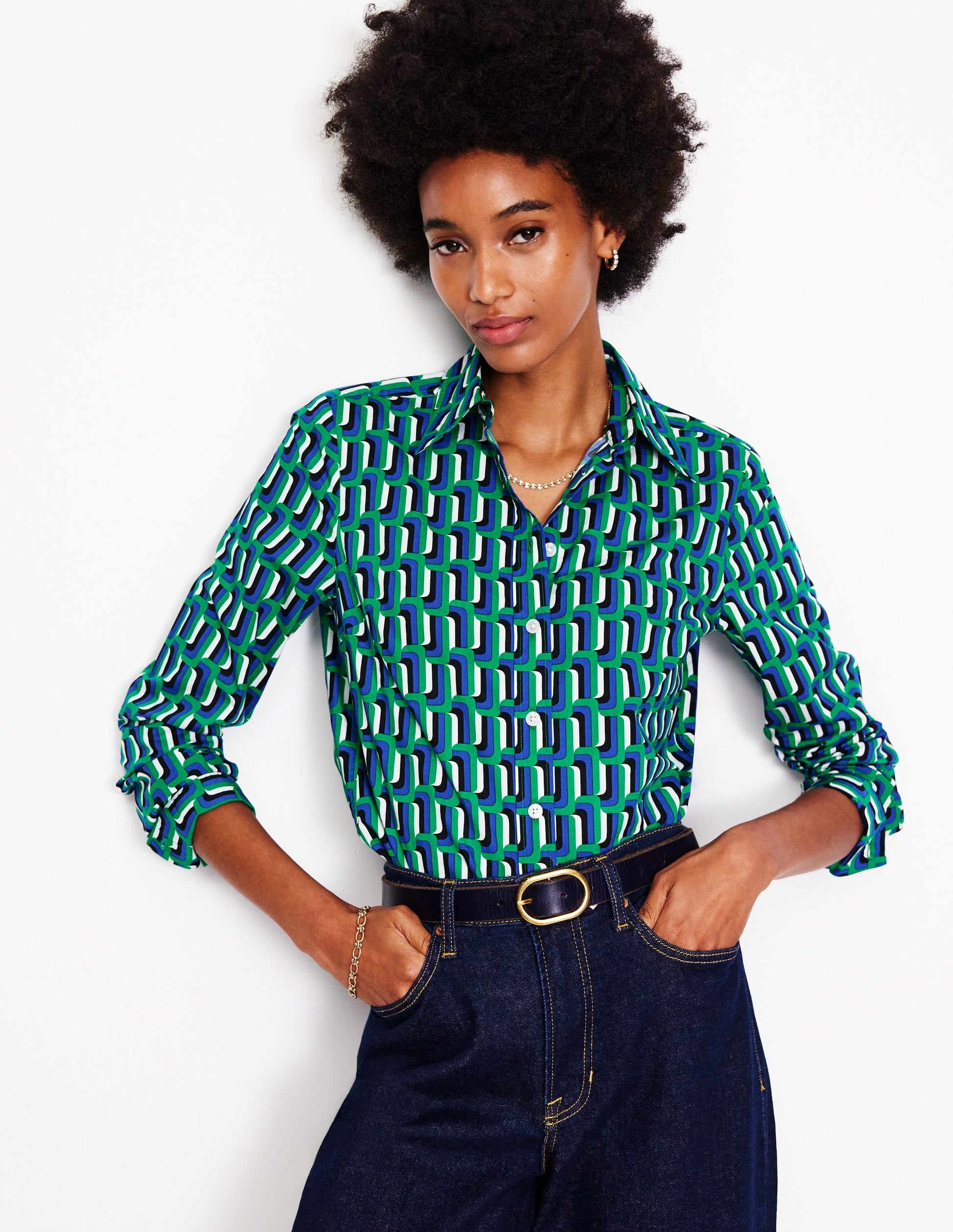 Sienna Cotton Shirt-Green and Blue, Falling Geo-1