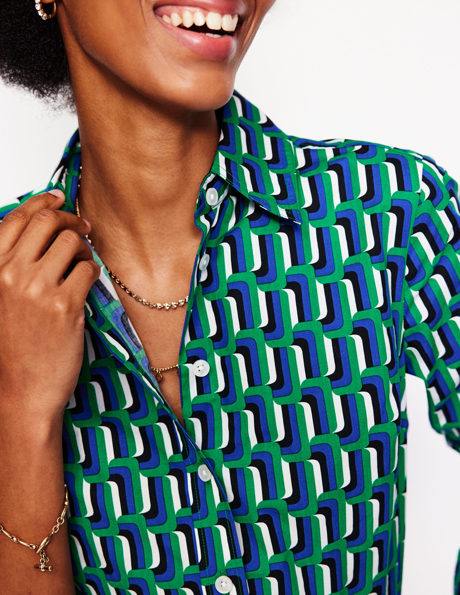 Sienna Cotton Shirt-Green and Blue, Falling Geo-2