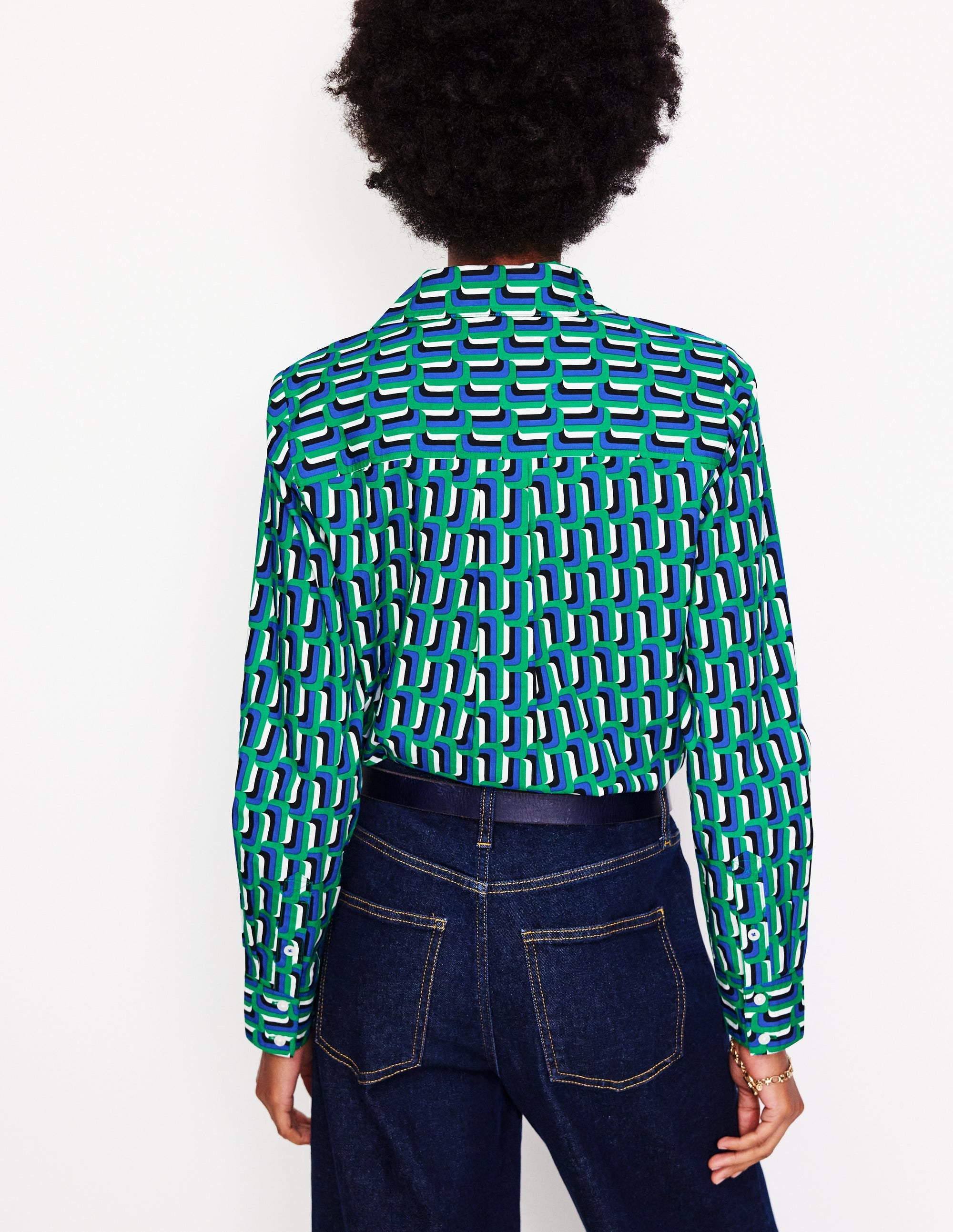 Sienna Cotton Shirt-Green and Blue, Falling Geo - Image 3