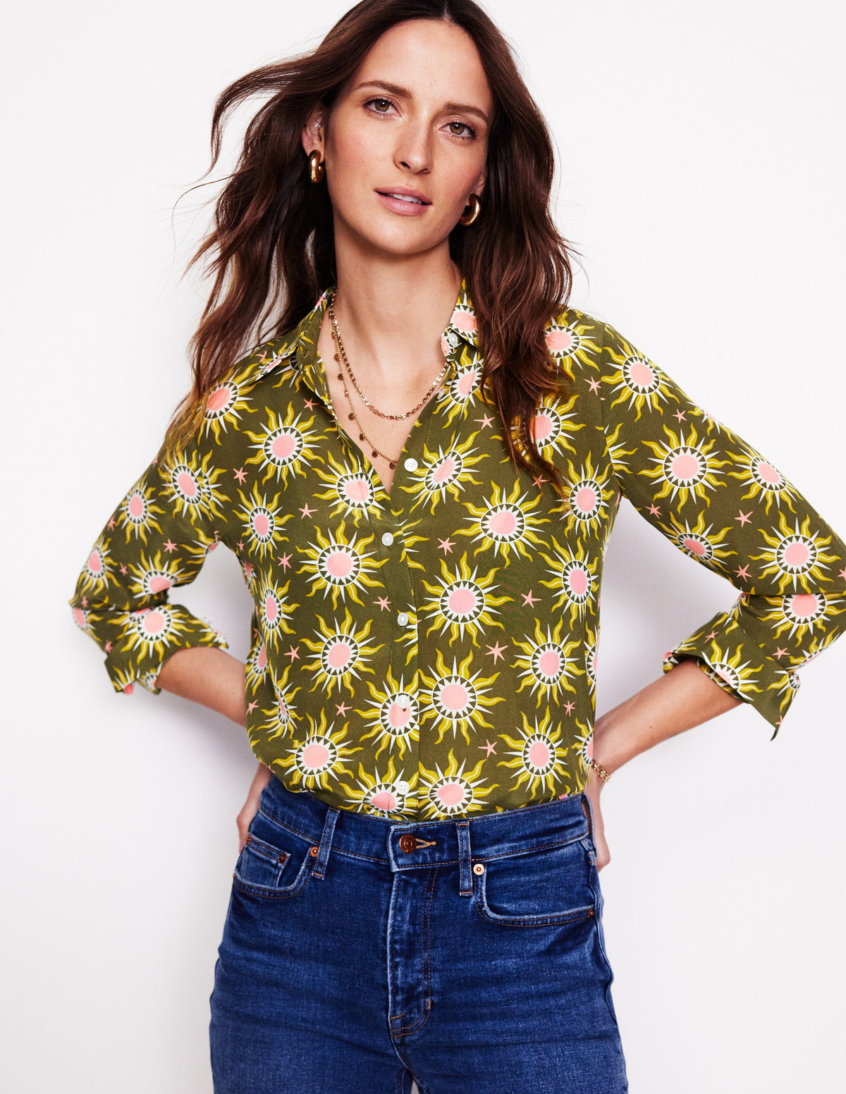 Sienna Silk Shirt-Woodland Green, Celestial - Image 1