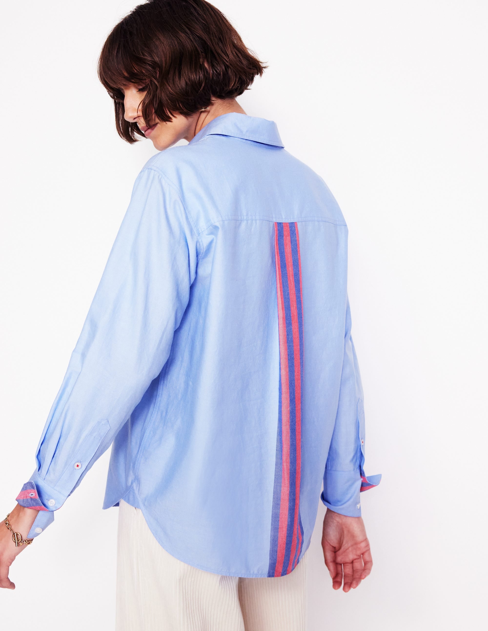 Connie Relaxed Cotton Shirt-Blue Oxford, Placement Stripe - Image 3