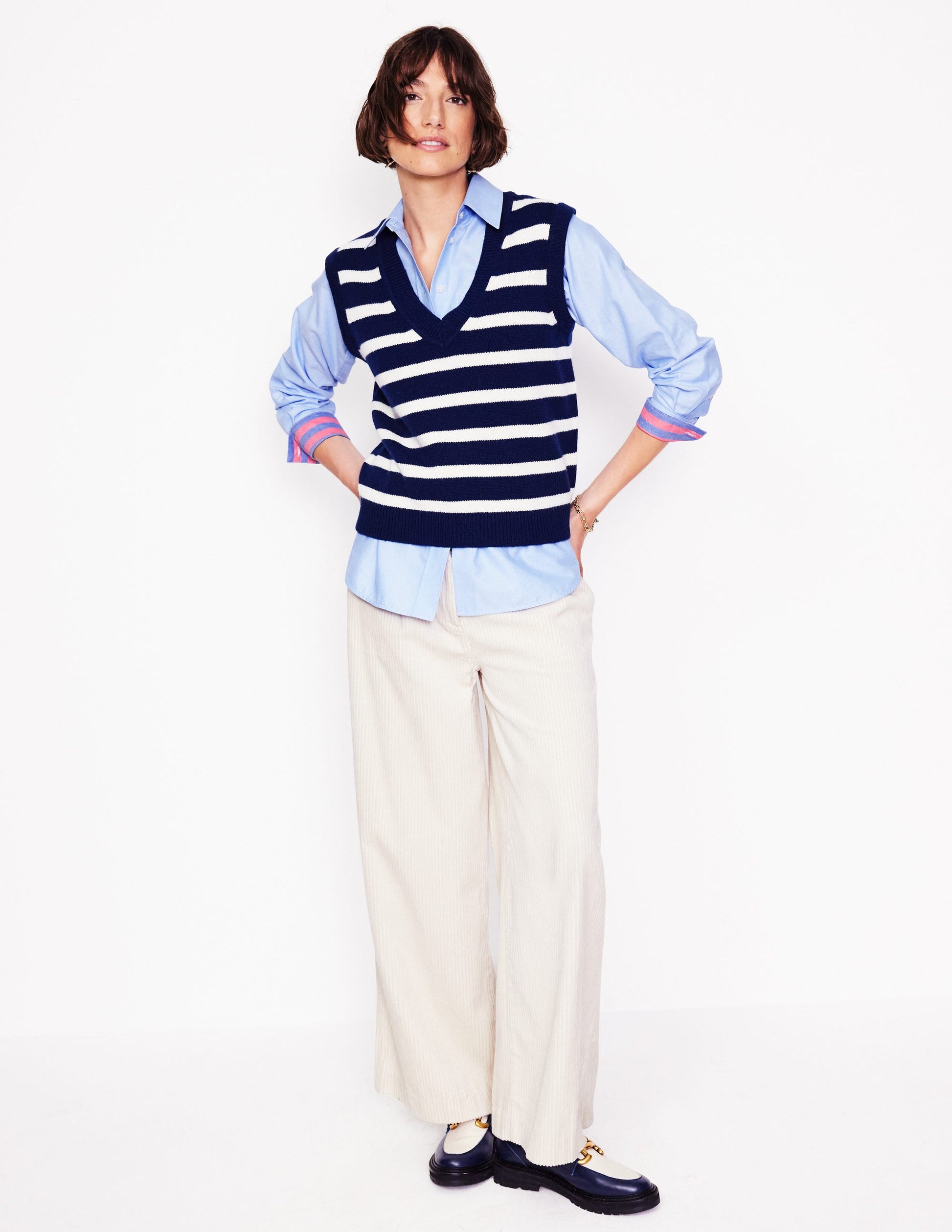 Connie Relaxed Cotton Shirt-Blue Oxford, Placement Stripe-4