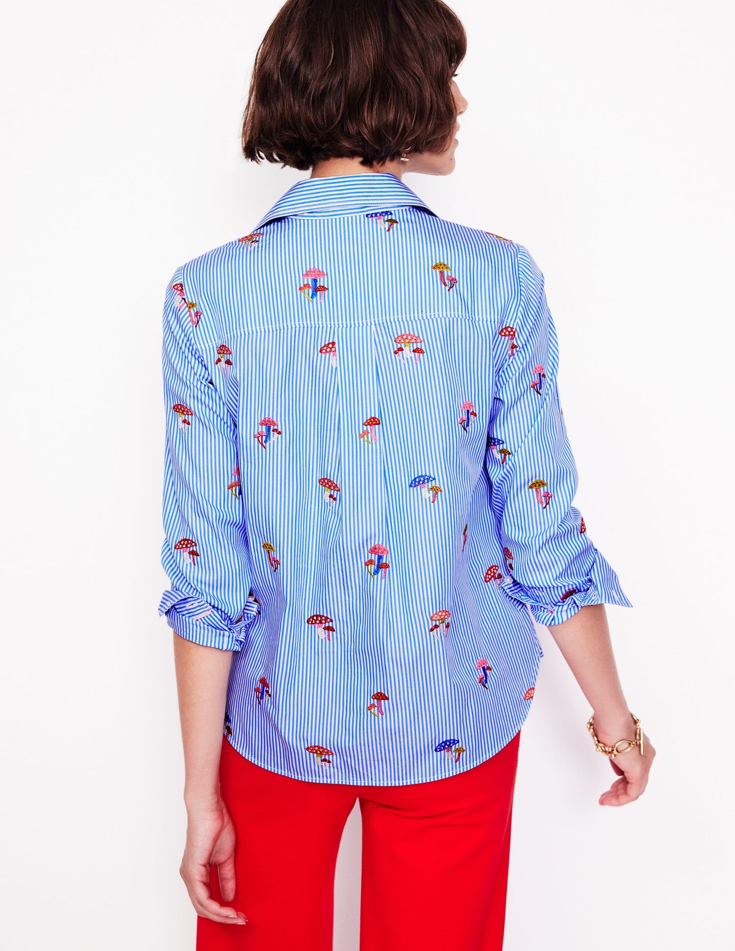 Sienna Interest Cotton Shirt-Mushroom, Blue Stripe